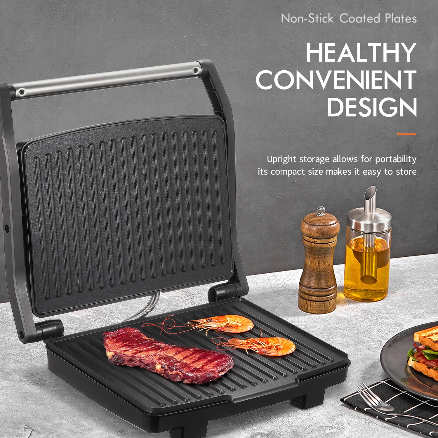 Non-Stick Coated Plates

HEALTHY CONVENIENT DESIGN

Upright storage allows for portability, its compact size makes it easy to store