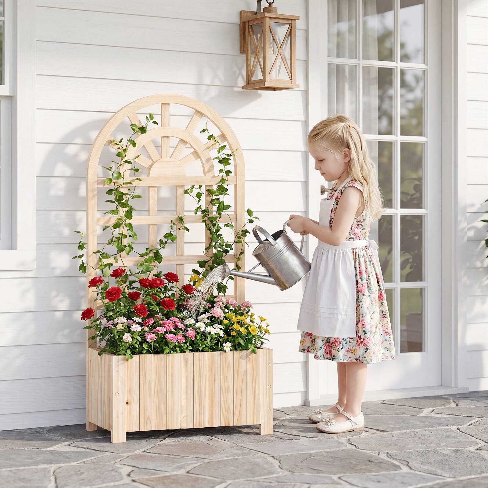 Alt View 1. Costway - Costway 48" Wooden Raised Garden Bed with Trellis, Drainage Holes for Flowers Vegetables - Natural.