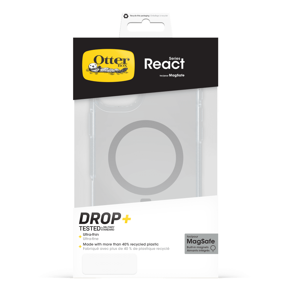 Otter Series BOX React for/pour MagSafe

DROP+ TESTED TO MILITARY STANDARD
- Ultra-thin
- Made with more than 40% recycled plastic
- Fabriqué avec plus de 40 % de plastique recyclé

MagSafe
- Built-in magnets
- Aimants intégrés