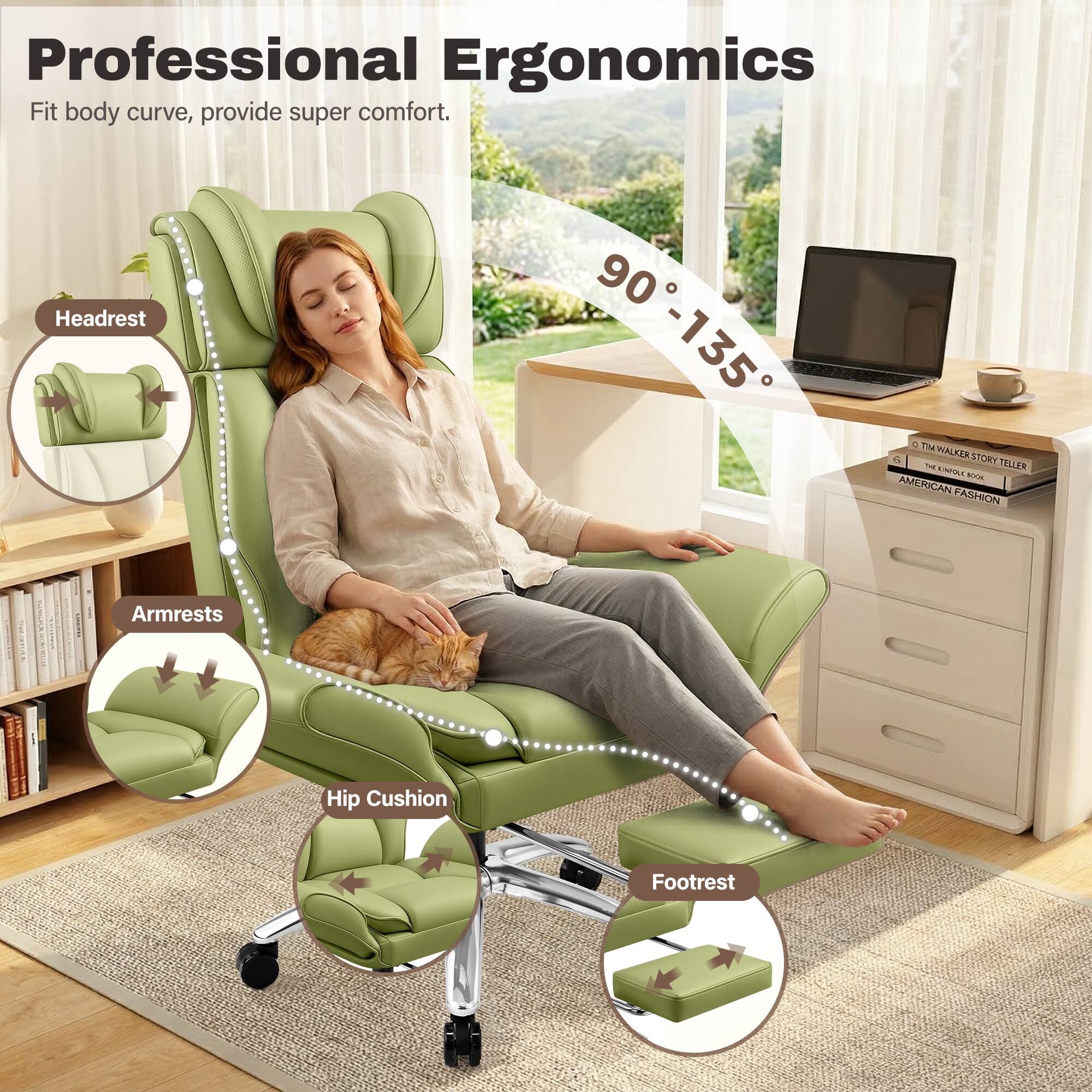 Professional Ergonomics  
Fit body curve, provide super comfort.  

Headrest: 90° - 135°  

Armrests  
Hip Cushion  
Footrest  

TM HALKER STORY - TELLER  
KIE AMERICAN FASHION