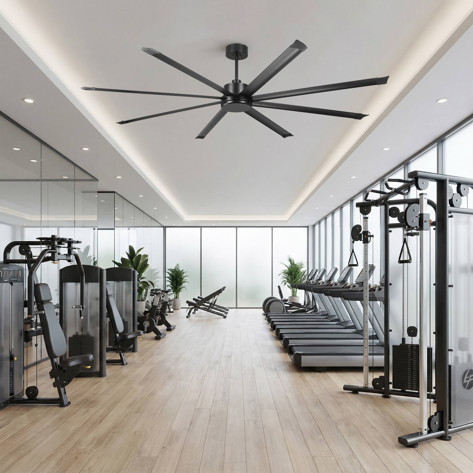 Left. Vaczon - 100" Industrial 8 Aluminum Blades 6-Speed DC Motor Ceiling Fan with Remote Control, 15000 CFM High Airflow, No Light - Matte Black.