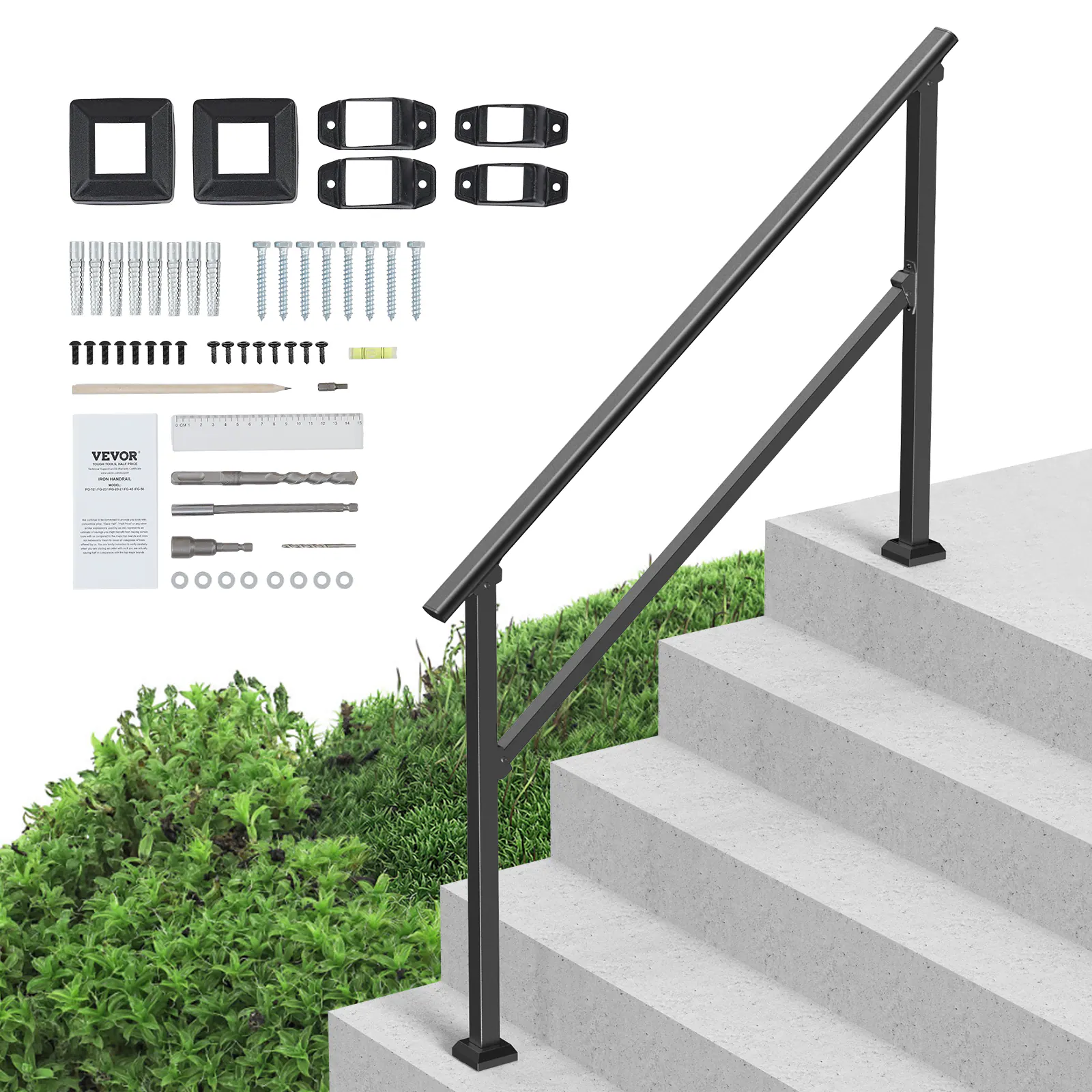 VEVOR - Handrails for Outdoor Steps, 4-5 Step Stair Hand Rail Kit, Transitional Carbon Steel Railings with Installation Kit - Black