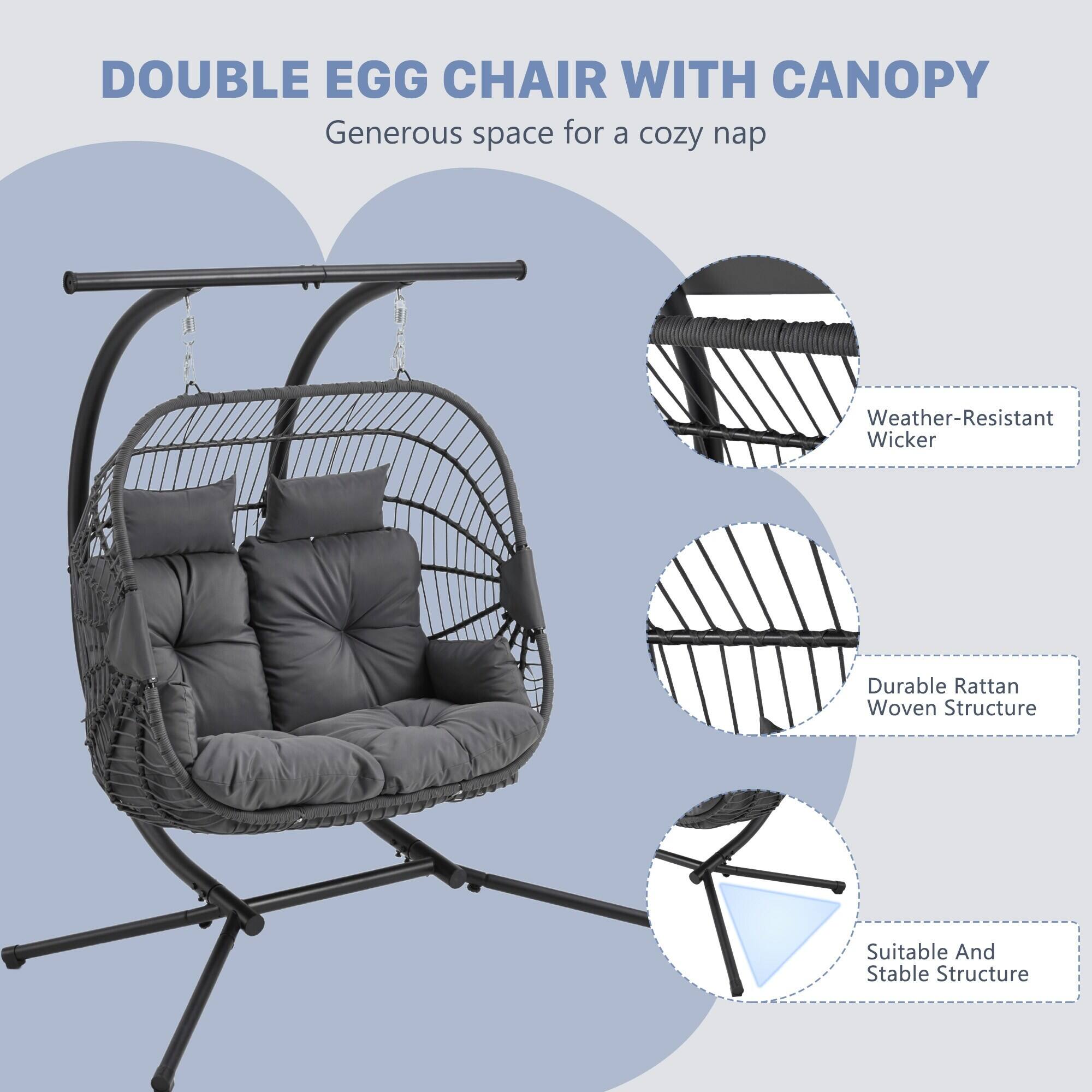 DOUBLE EGG CHAIR WITH CANOPY  
Generous space for a cozy nap  
Weather-Resistant Wicker  
Durable Rattan Woven Structure  
Suitable And Stable Structure