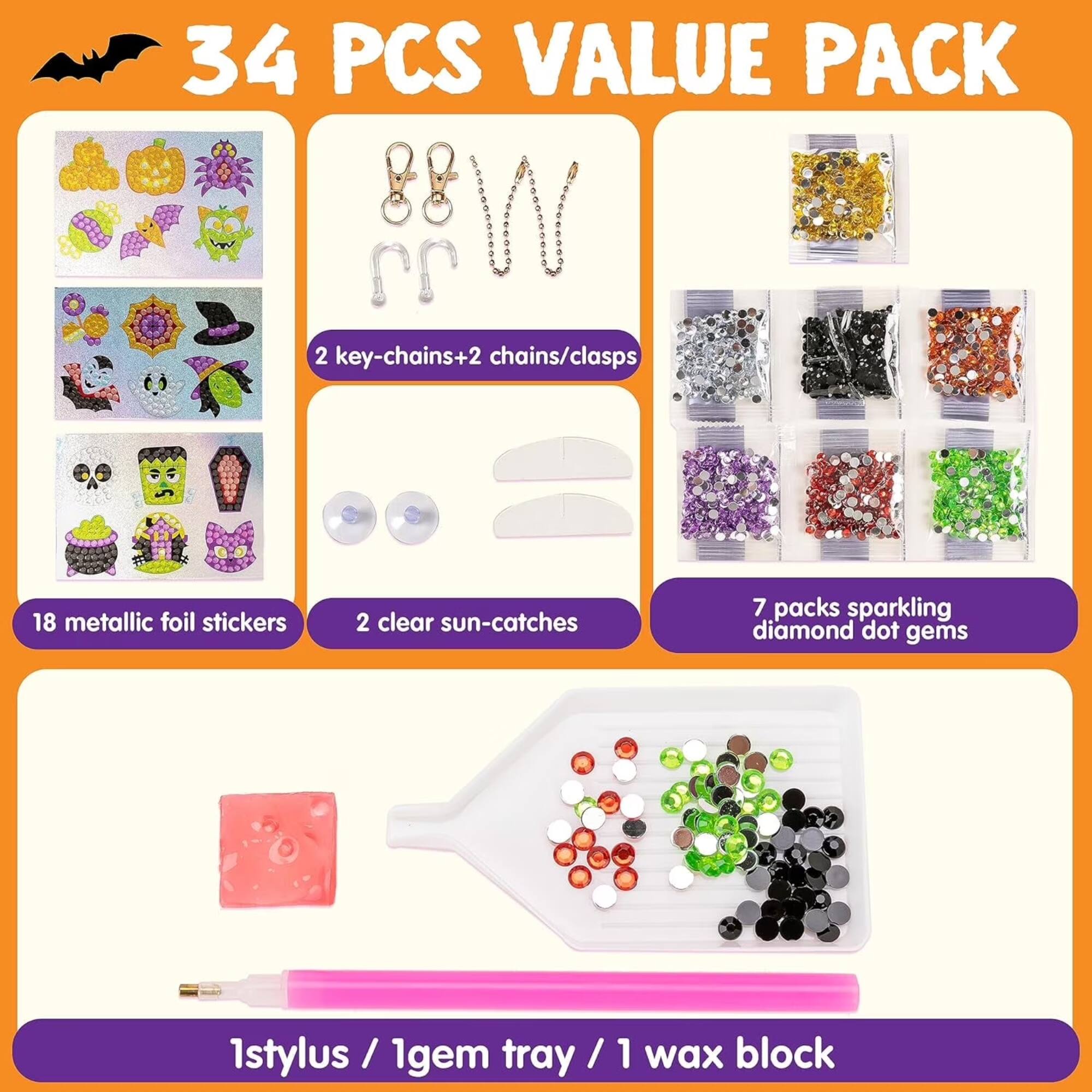 34 PCS VALUE PACK

- 2 key-chains + 2 chains/clasps
- 18 metallic foil stickers
- 2 clear sun-catches
- 7 packs sparkling diamond dot gems
- 1 stylus
- 1 gem tray
- 1 wax block
