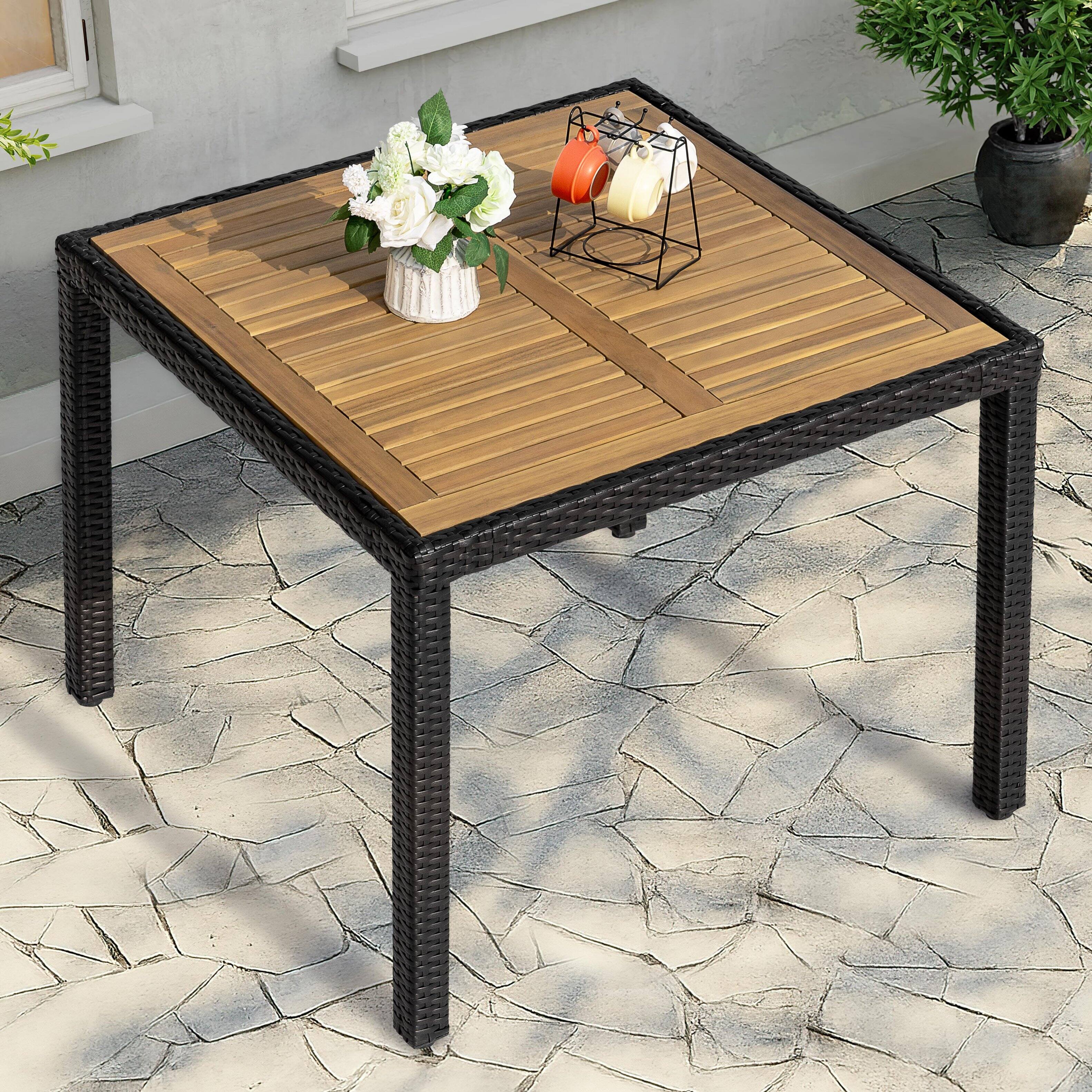 Left. Nuu Garden - Outdoor Patio 36" Square Dining Table with Acacia Wood Tabletop and PE Rattan-Wrapped Metal Frame - Black.