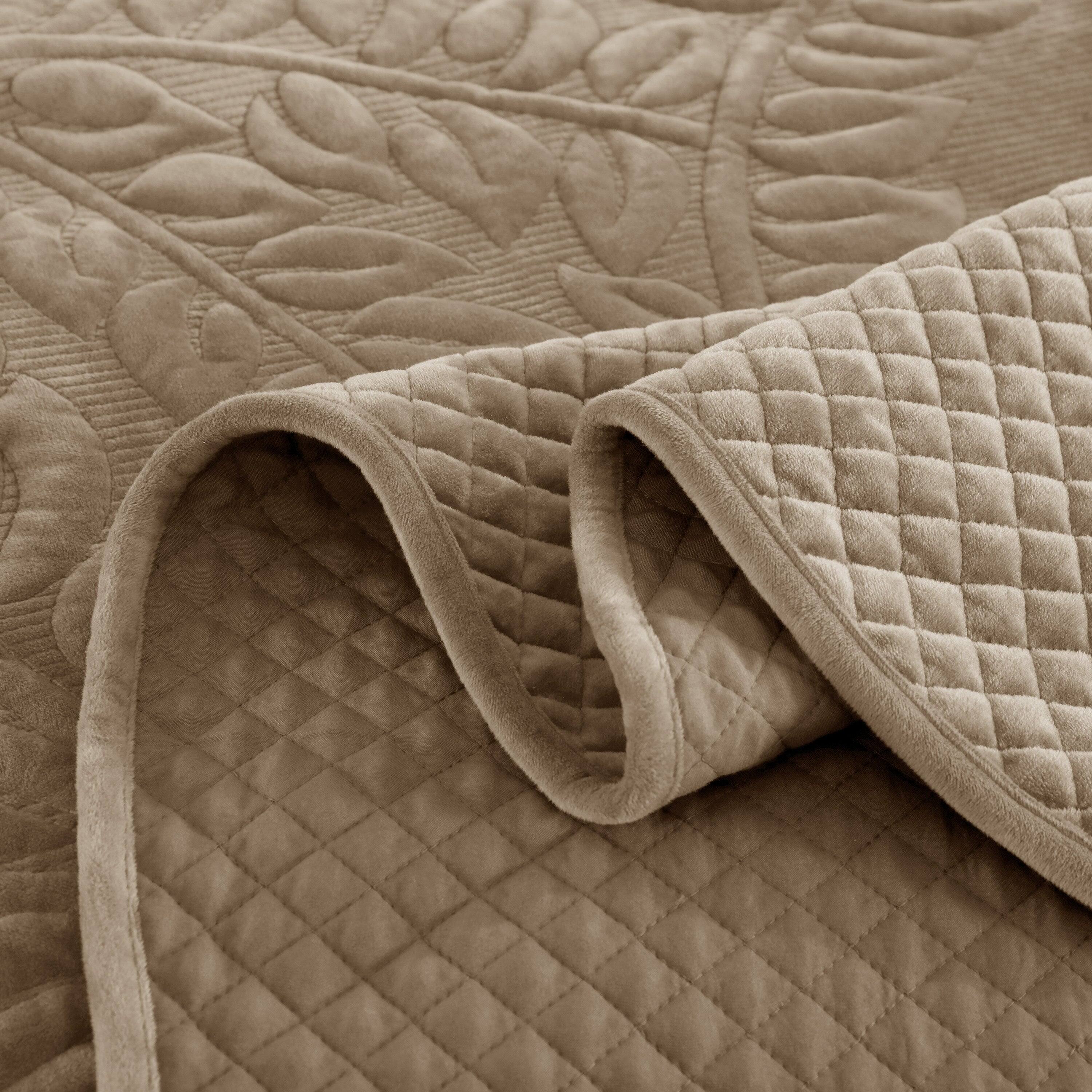 Left. MarCielo - Marcielo 3Pc Luxury Velvet Oversized Embroidery Soft and Plush Quilt Set - Camel.