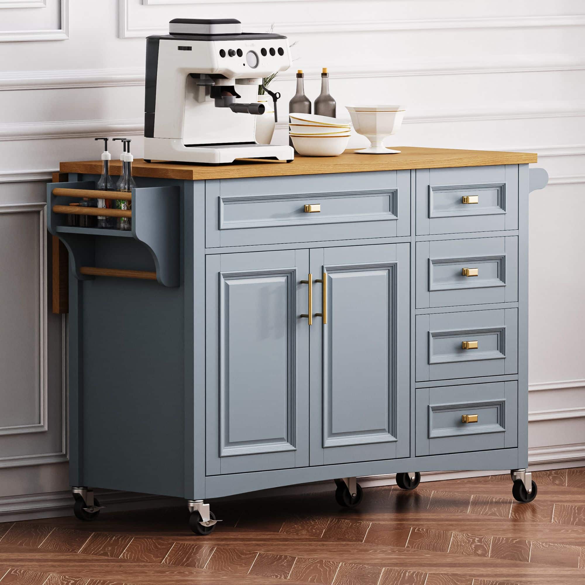 Mirfee - 52" Kitchen Island with Drop Leaf, Spice Rack, Towel Rack, 2 Doors, 5 Drawers - Blue+Grey
