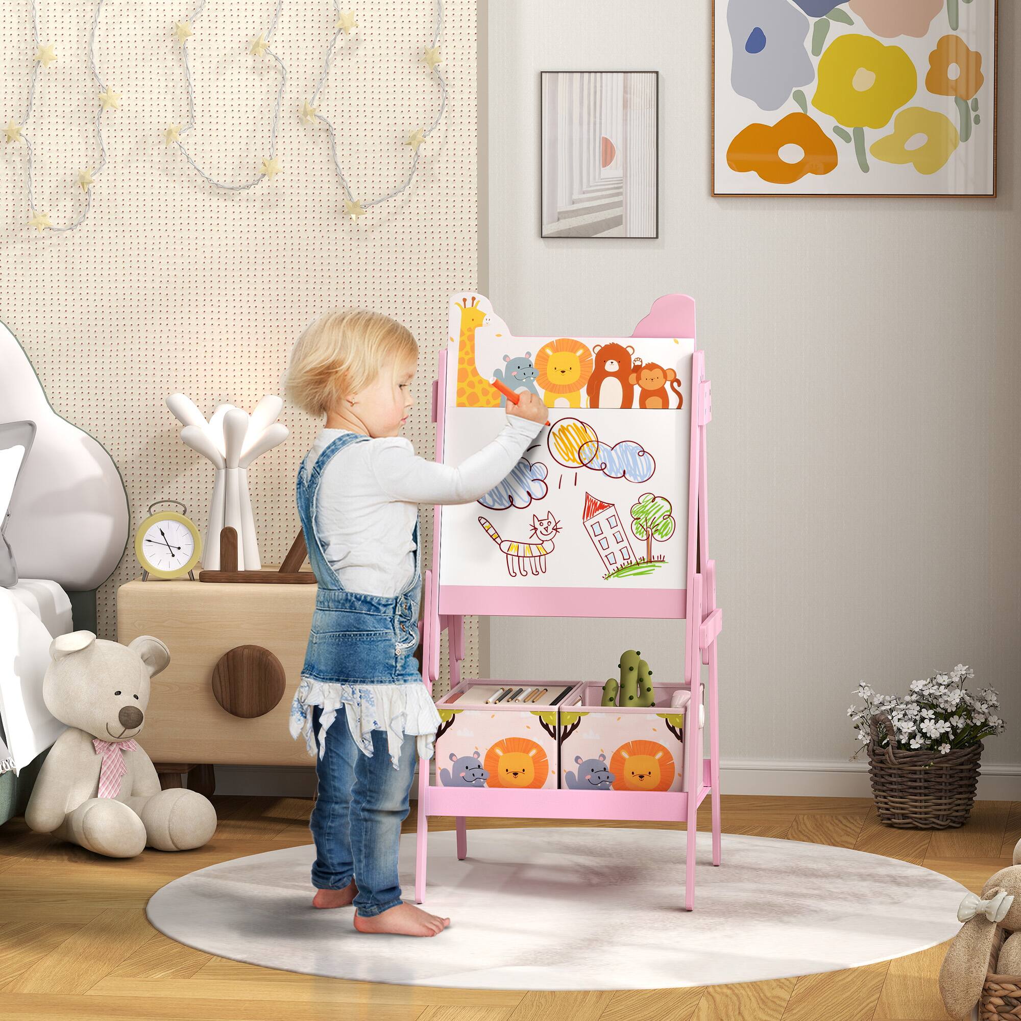 Angle. Qaba - Easel for Kids, Double-Sided Kids Art Easel with Whiteboard, Chalkboard, Storage Boxes, Toddler Easel for 3-8 Years.