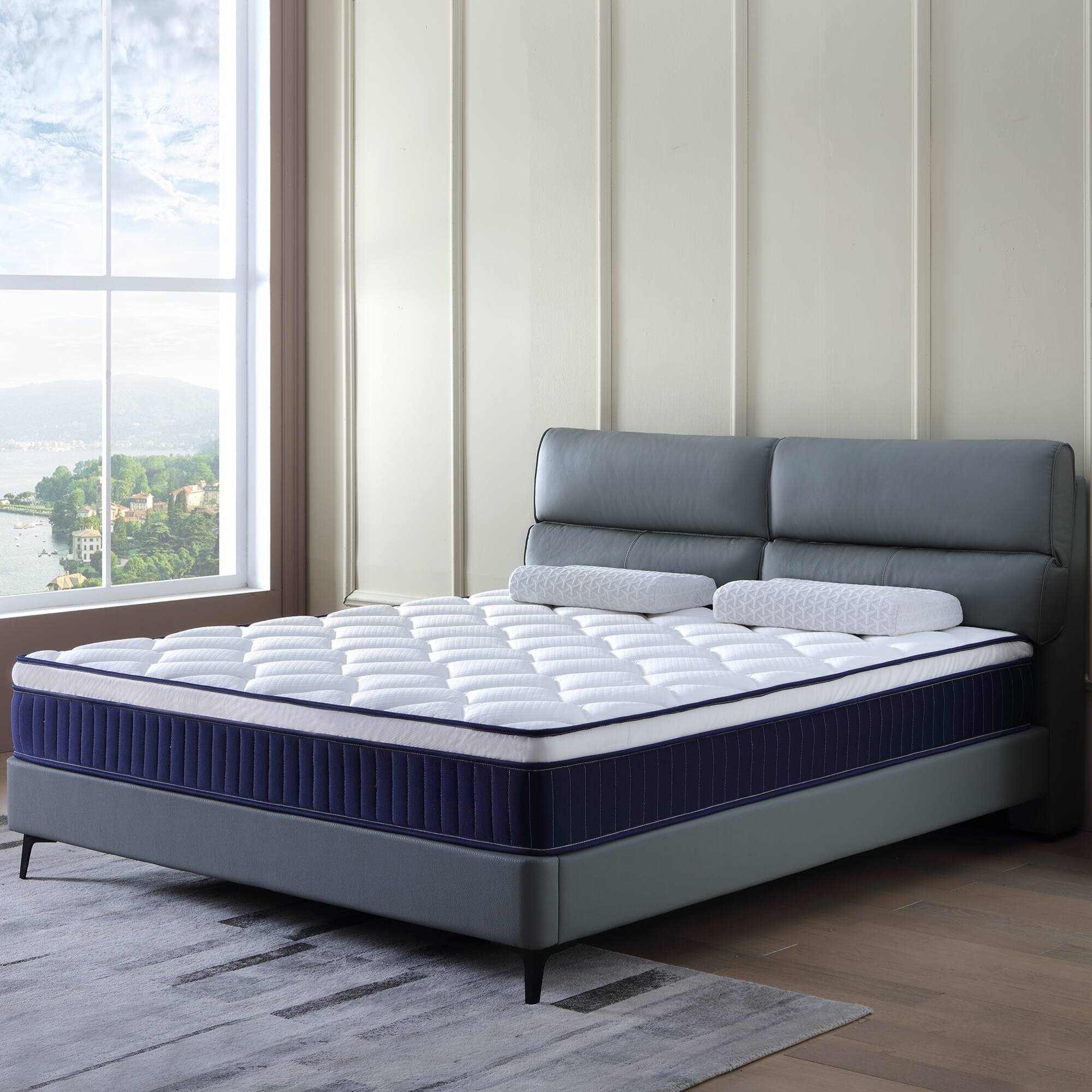 Angle. GOODSILO - 10 Inch Full Size Medium Firm Hybrid Mattress with Pocket Springs and Memory Foam - Blue+Brown+Wite.
