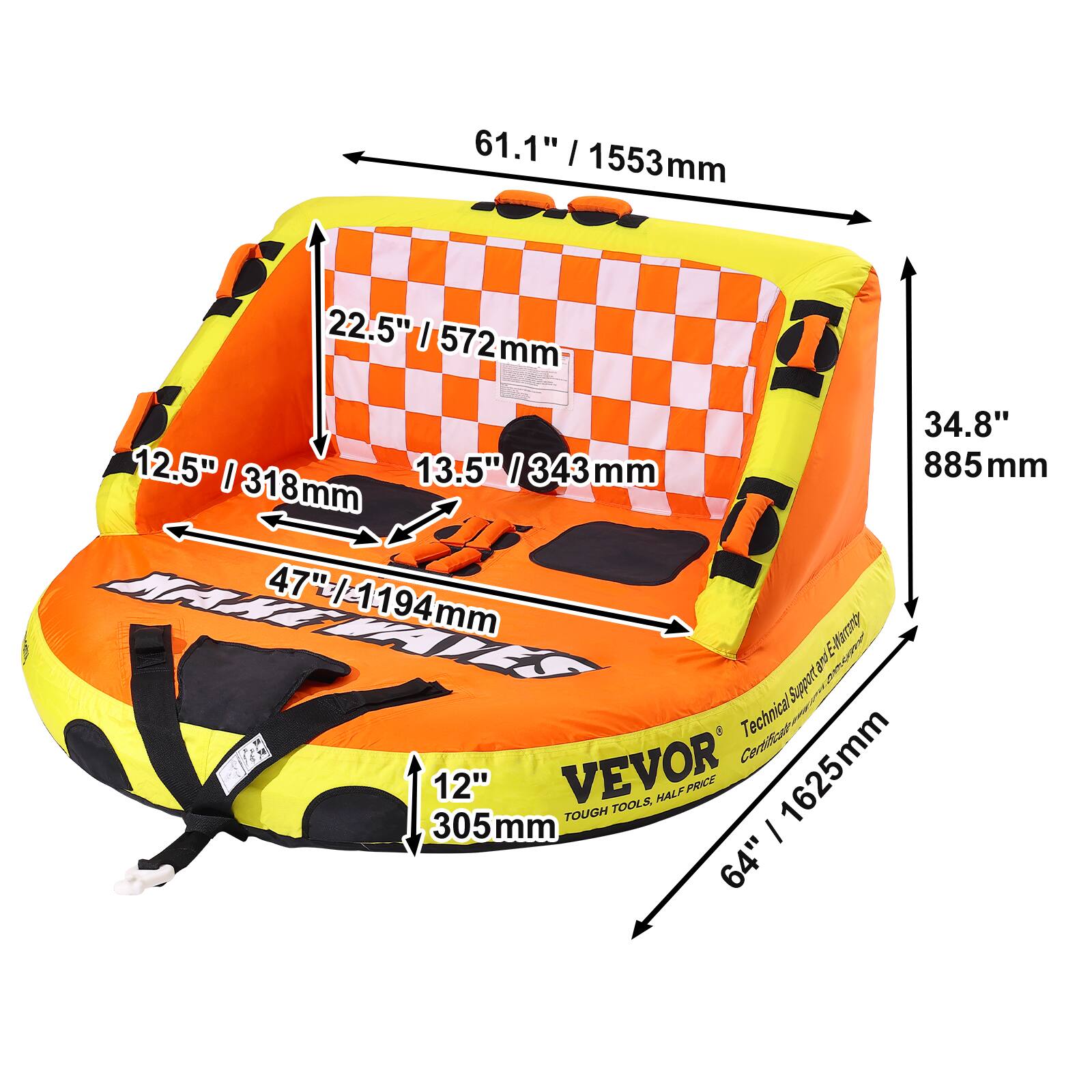 61.1" / 1553mm
22.5" / 572mm
34.8"
12.5" / 318mm
13.5" / 343mm
47" / 1194mm
12" / 305mm
64" / 1625mm
VEVOR TOUGH TOOLS, HALF PRICE