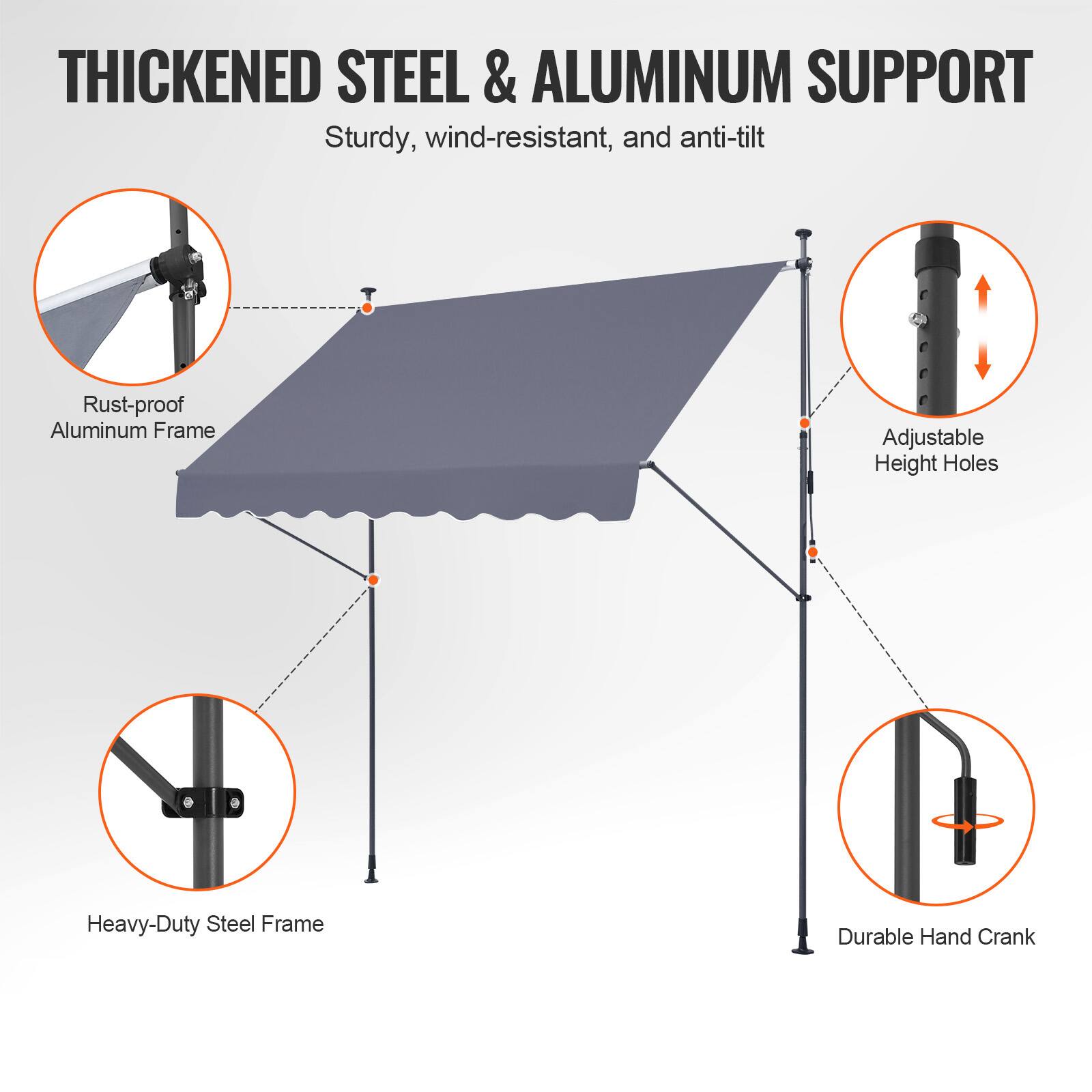 THICKENED STEEL & ALUMINUM SUPPORT
Sturdy, wind-resistant, and anti-tilt

Rust-proof Aluminum Frame
Adjustable Height Holes
Heavy-Duty Steel Frame
Durable Hand Crank