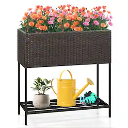 Gymax - Elevated Planter Box Raised Garden Bed w/ Rattan Surface Bottom Storage Shelf - Brown