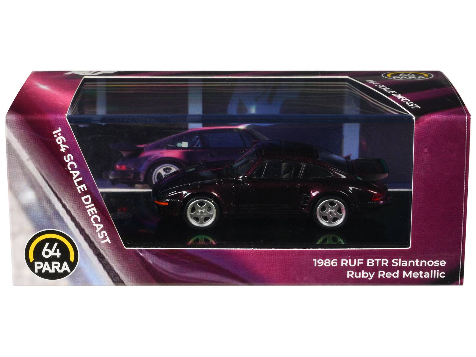 1:64 SCALE DIECAST  
64 PARA  
MASCILE-DIECAST  
ISOUE EDIECAST  
1986 RUF BTR Slantnose  
Ruby Red Metallic