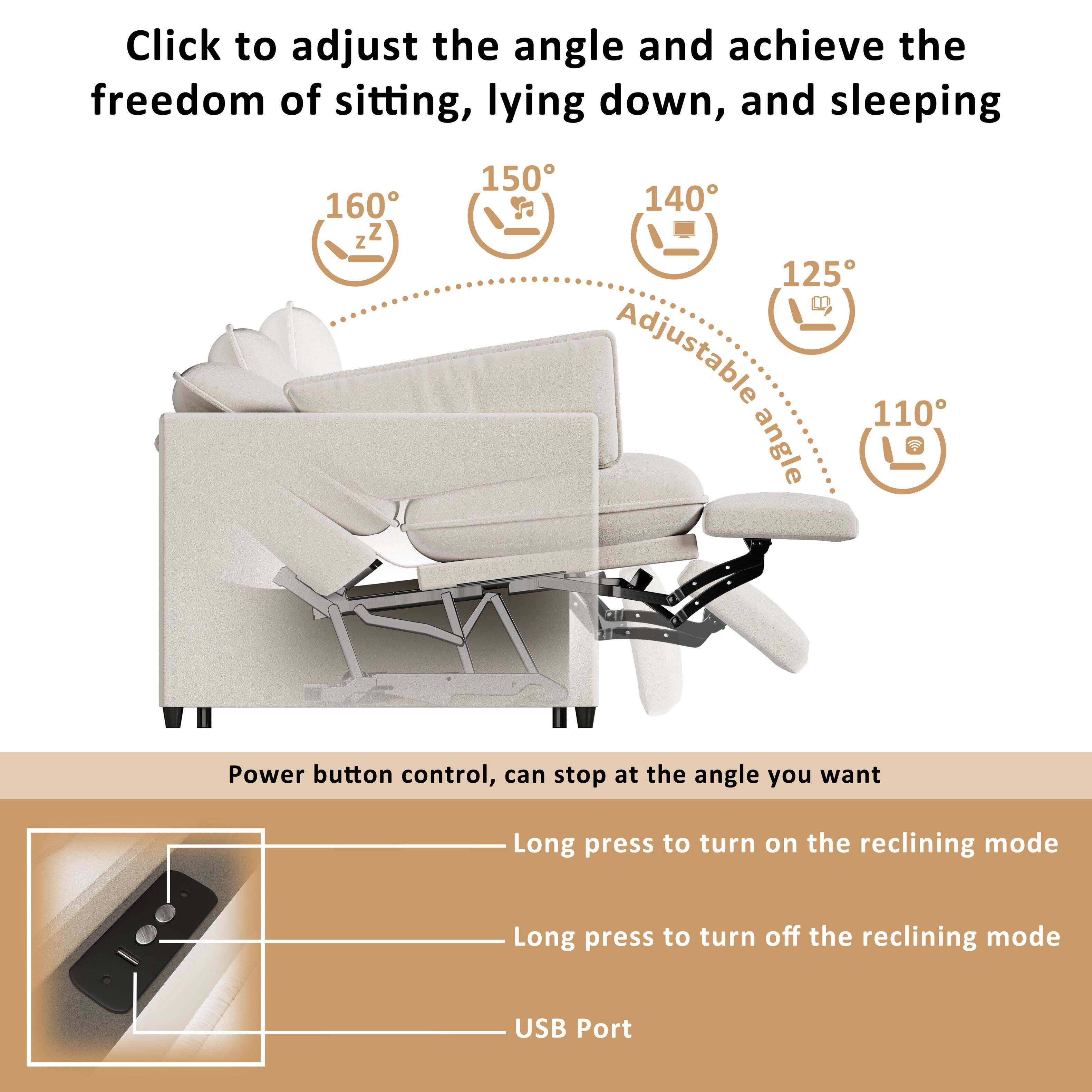 Click to adjust the angle and achieve the freedom of sitting, lying down, and sleeping

160° 150° 140° 125° 110°

Adjustable angle

Power button control, can stop at the angle you want

Long press to turn on the reclining mode

Long press to turn off the reclining mode

USB Port