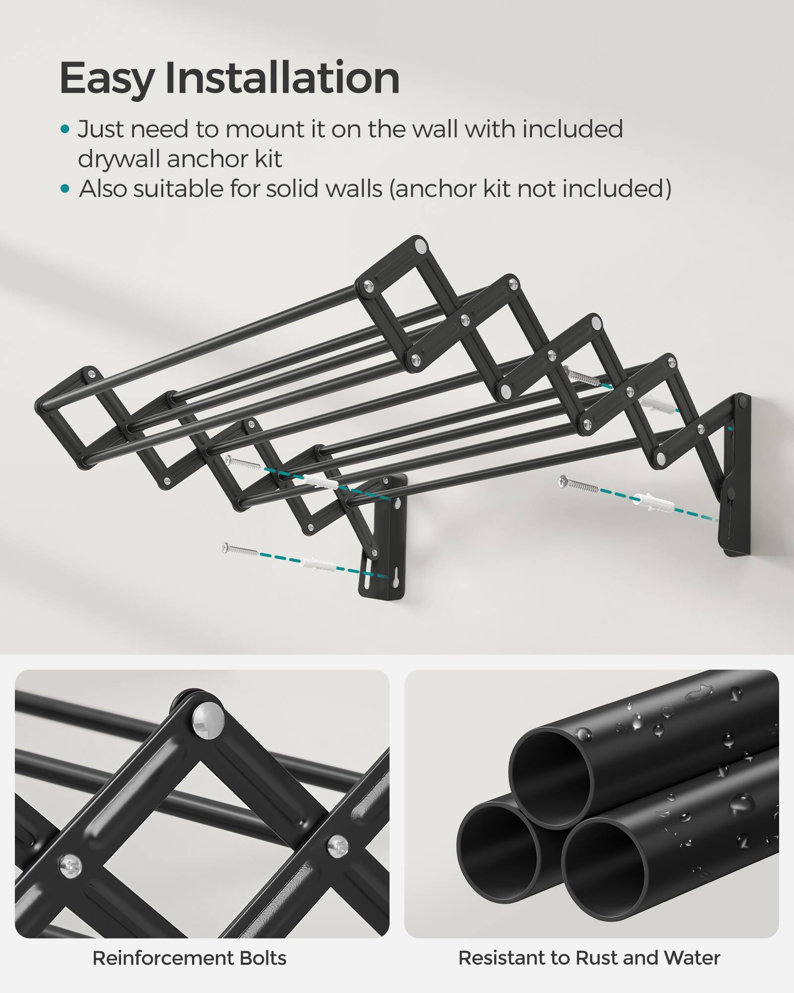 Easy Installation  
Just need to mount it on the wall with included drywall anchor kit  
Also suitable for solid walls (anchor kit not included)  

Reinforcement Bolts  
Resistant to Rust and Water