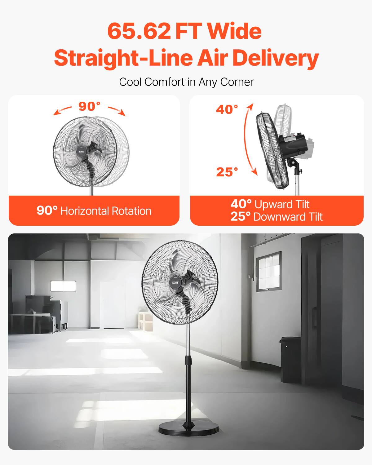65.62 FT Wide  
Straight-Line Air Delivery  
Cool Comfort in Any Corner  

90° Horizontal Rotation  

40° Upward Tilt  
25° Downward Tilt