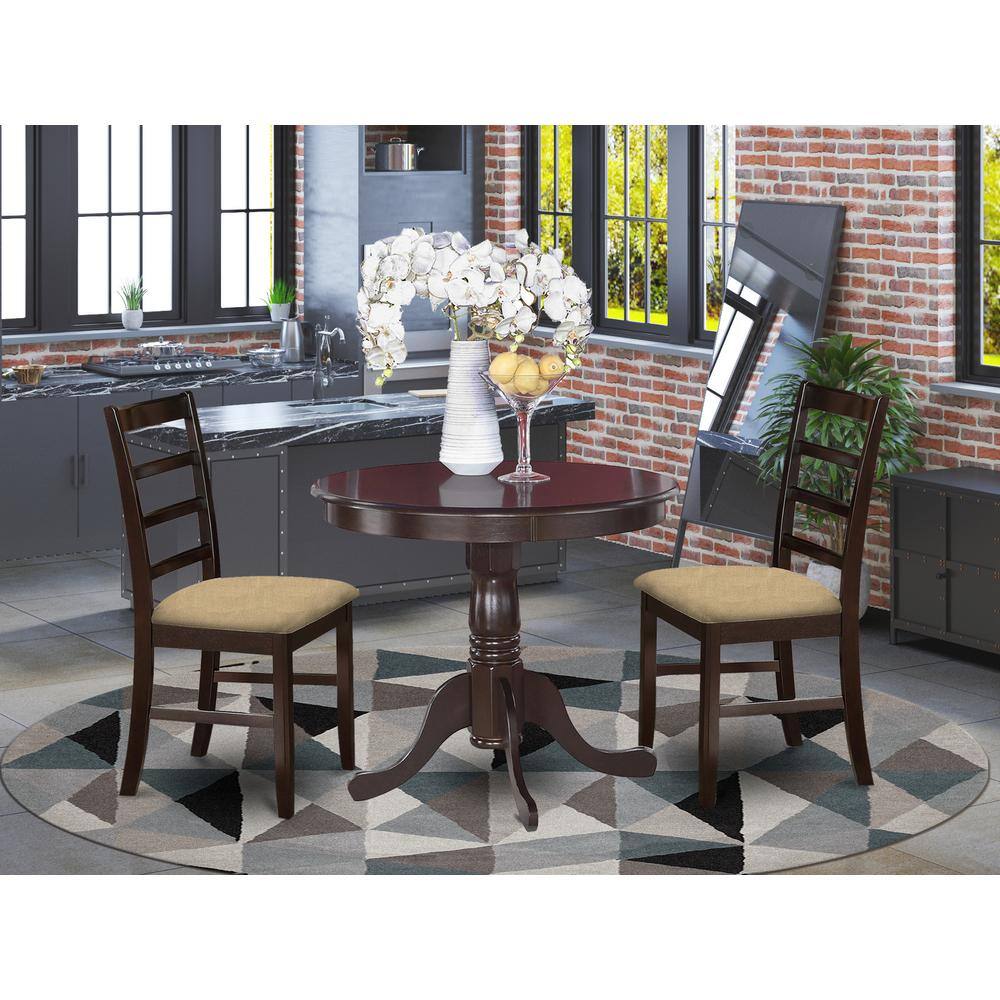 Left. East West Furniture - ANPF3-CAP-C 3 Pc small Kitchen Table and Chairs set-round Kitchen Table and 2 Kitchen Chairs - Cappuccino.