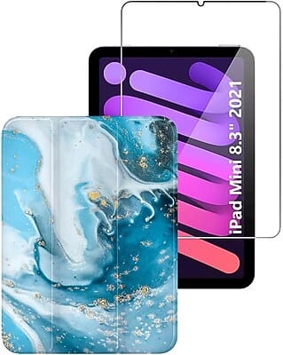 SaharaCase - iPad mini A17 Pro & 6th Generation 2021 Protection Bundle, Folio Case with Tempered Glass Screen - Blue