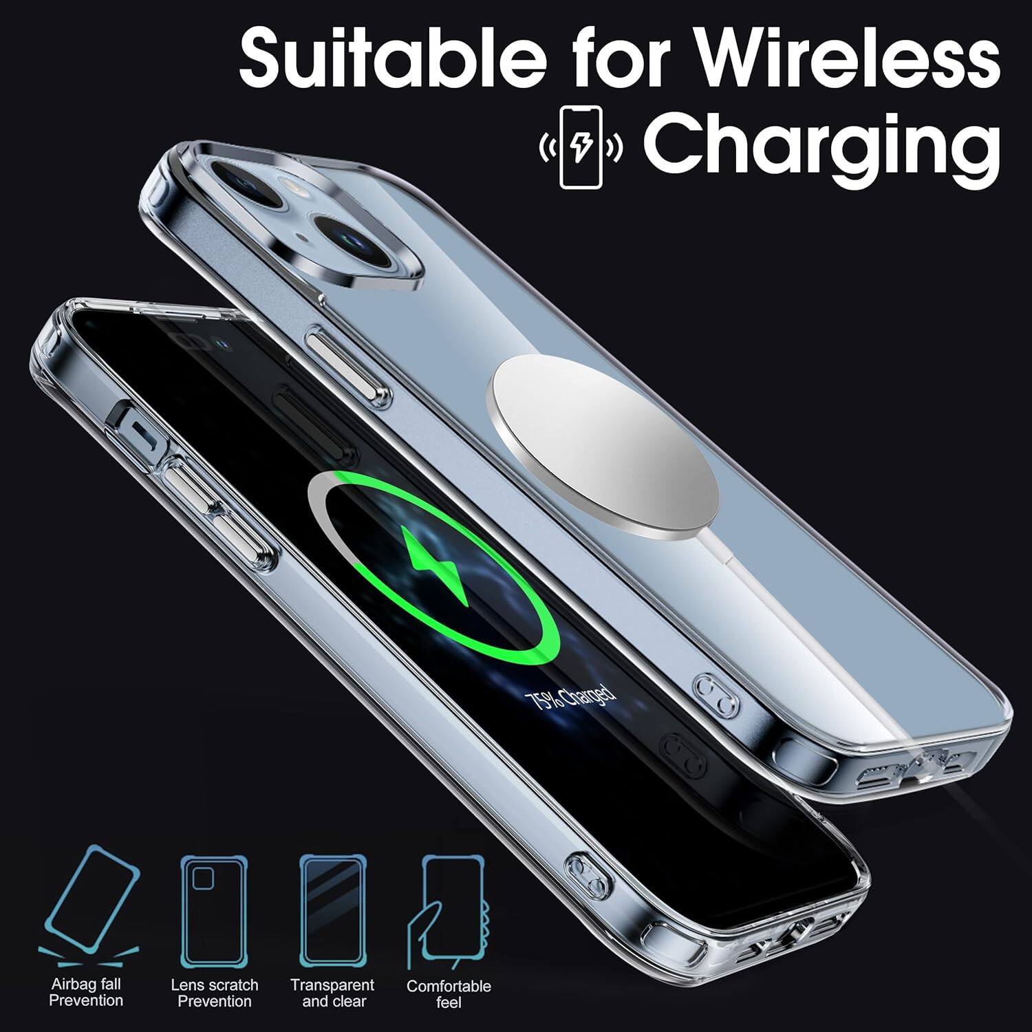Suitable for Wireless Charging, 75% Charged, Airbag fall Prevention, Lens scratch Prevention, Transparent and clear, Comfortable feel