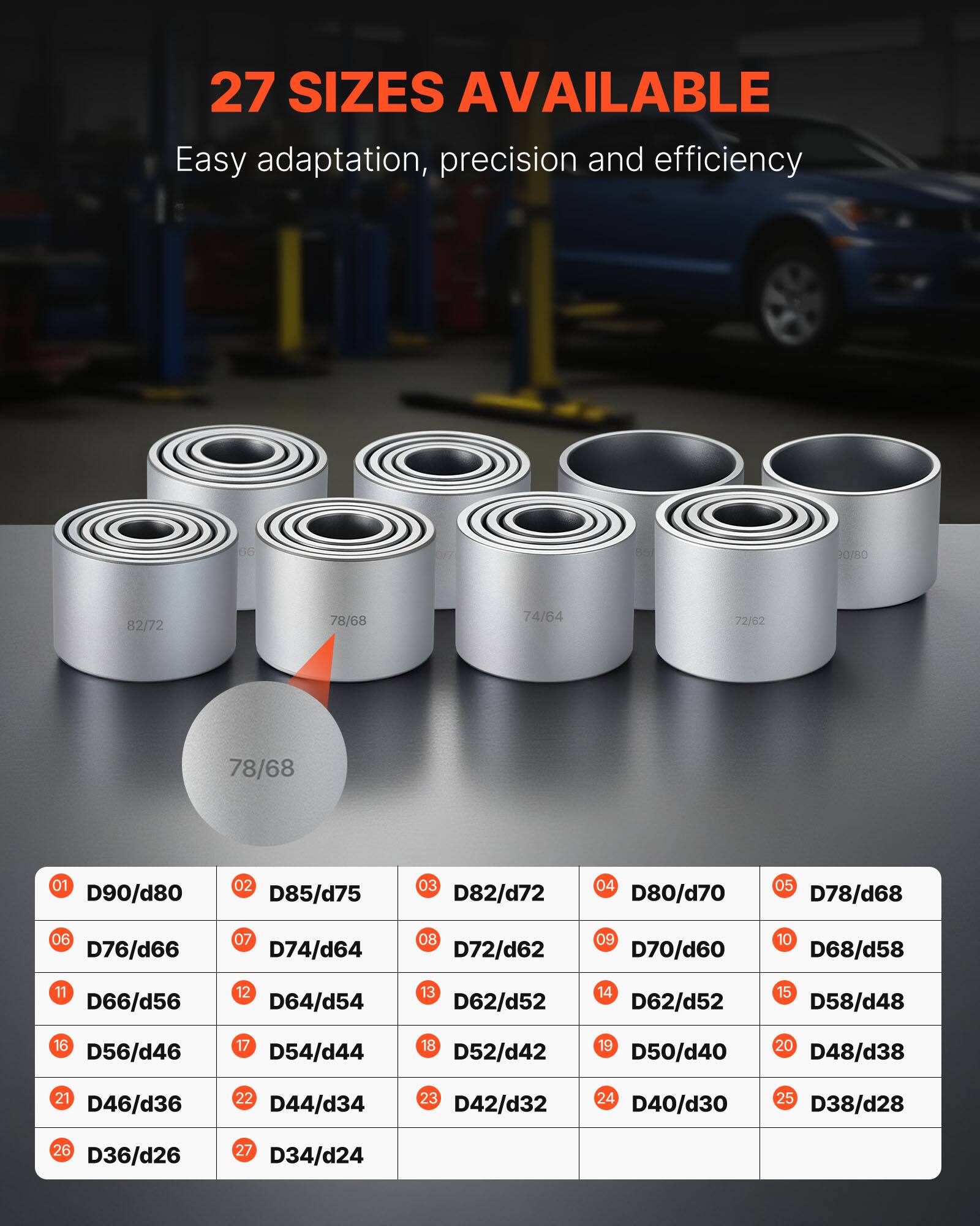 27 SIZES AVAILABLE  
Easy adaptation, precision and efficiency  

06 90/80 82/72 78/68 74/64 72/62 78/68  

01 D90/d80  
02 D85/d75  
03 D82/d72  
04 D80/d70  
05 D78/d68  
06 D76/d66  
07 D74/d64  
08 D72/d62  
09 D70/d60  
10 D68/d58  
11 D66/d56  
12 D64/d54  
13 D62/d52  
14 D62/d52  
15 D58/d48  
16 D56/d46  
17 D54/d44  
18 D52/d42  
19 D50/d40  
20 D48/d38  
21 D46/d36  
22 D44/d34  
23 D42/d