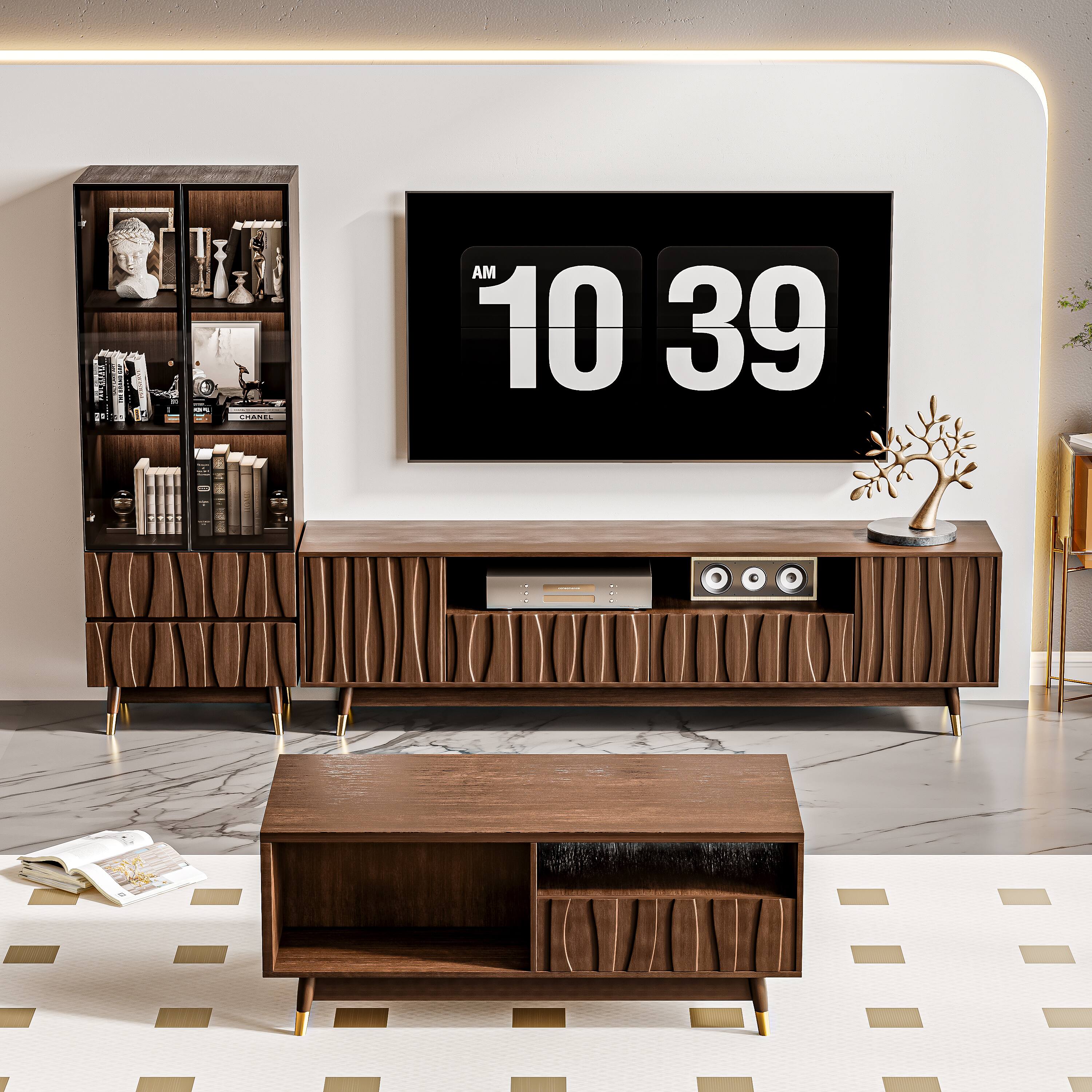 Alt View 1. MSOOB - 3 Pieces Media Console Set, Mid-Century Modern Entertainment Center, TV Stand and Coffee Table with Glass Cabinet - Brown.