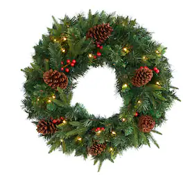 BreeBe - 24” Mixed Pine Christmas Wreath w/35 Clear LEDs and Berries - Multi