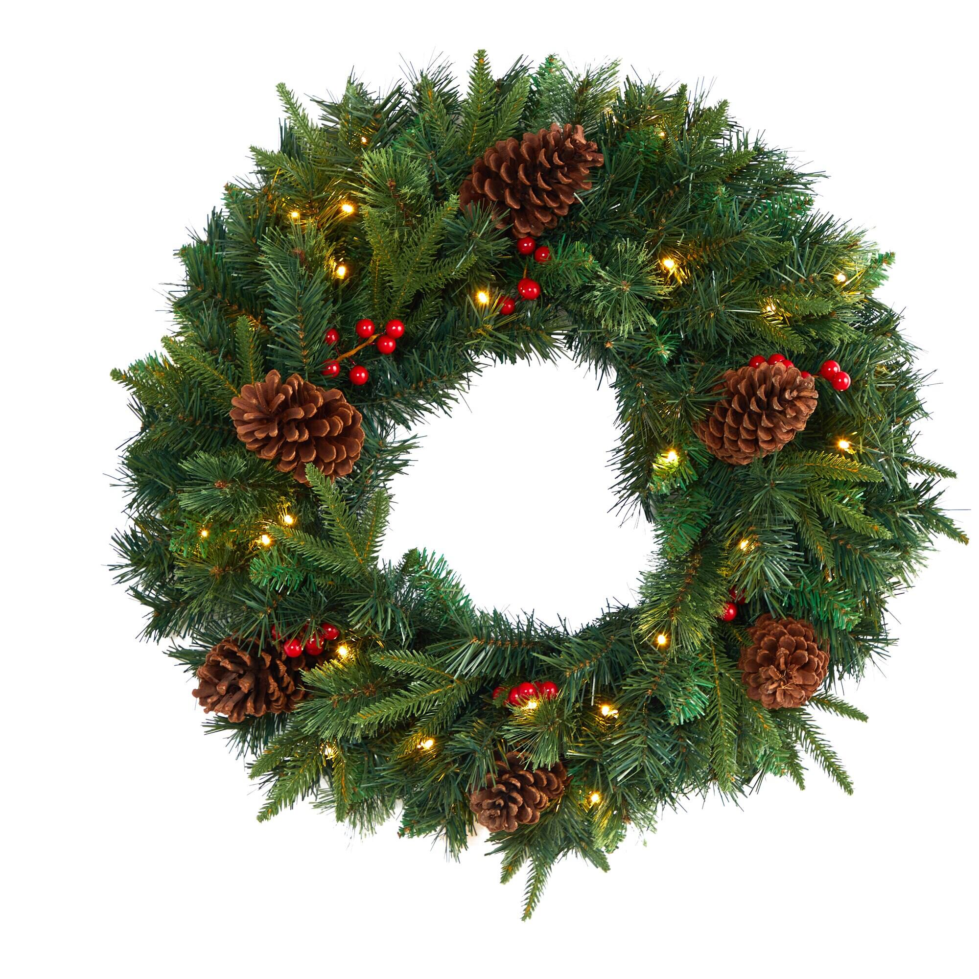 Front. BreeBe - 24” Mixed Pine Christmas Wreath w/35 Clear LEDs and Berries - Multi.