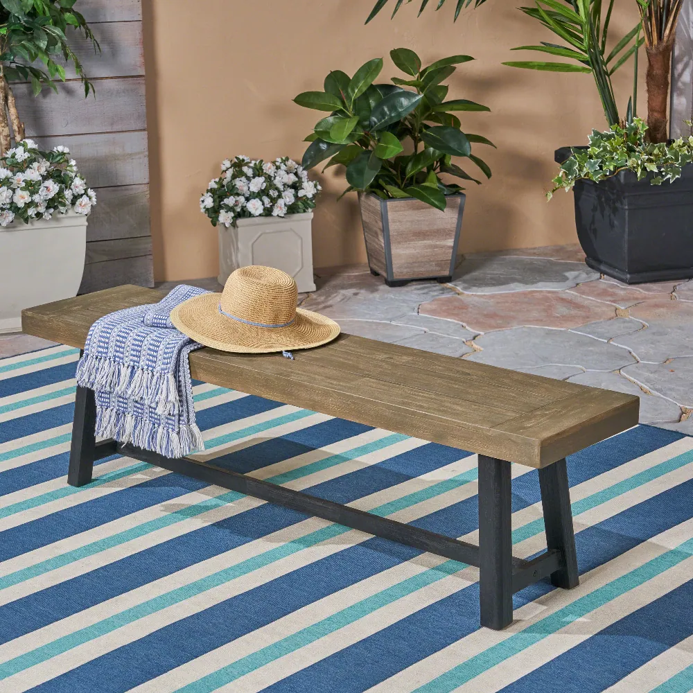 Back. Ropilly - Ropilly Acacia Wood Outdoor Dining Bench Sandblast Gray Patio Bench with Black Legs for Backyard Garden - Sandblast Gray.