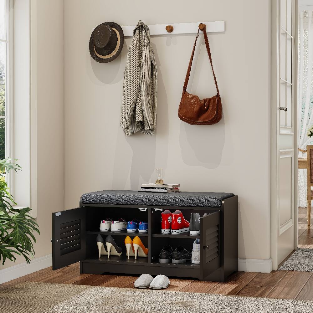 Alt View 1. Loheer - Loheer black shoe storage bench, 28.74 inch entryway bench with cushion and louvered doors - Black.