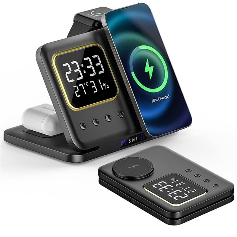 Front. RISOKEYS - 5-in-1 Wireless Charger with Clock - Temperature and Humidity Monitor, Multi-functional, Magnetic Charging Station - Black.