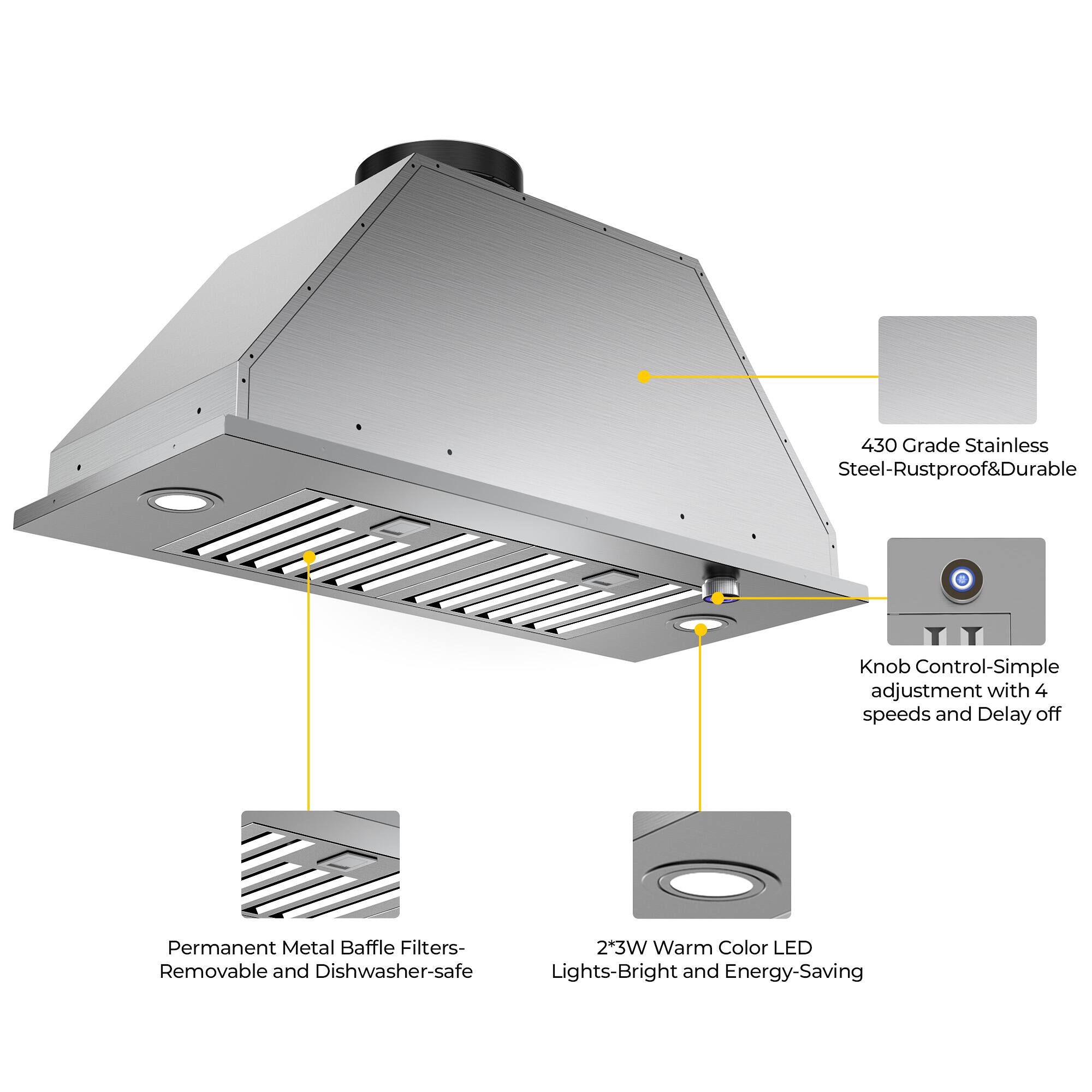 430 Grade Stainless Steel-Rustproof&Durable, Knob Control-Simple adjustment with 4 speeds and Delay off, Permanent Metal Baffle Filters-Removable and Dishwasher-safe, 23W Warm Color LED Lights-Bright and Energy-Saving