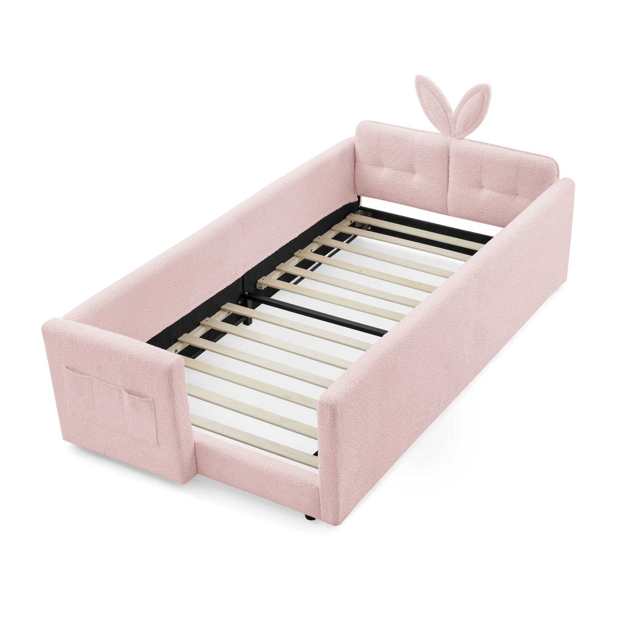 Alt View 2. GOODSILO - Twin Size Upholstered Platform Bed with Playful Bunny Ear Headboard and Safety Features in Soft Neutral Fabric - Pink.