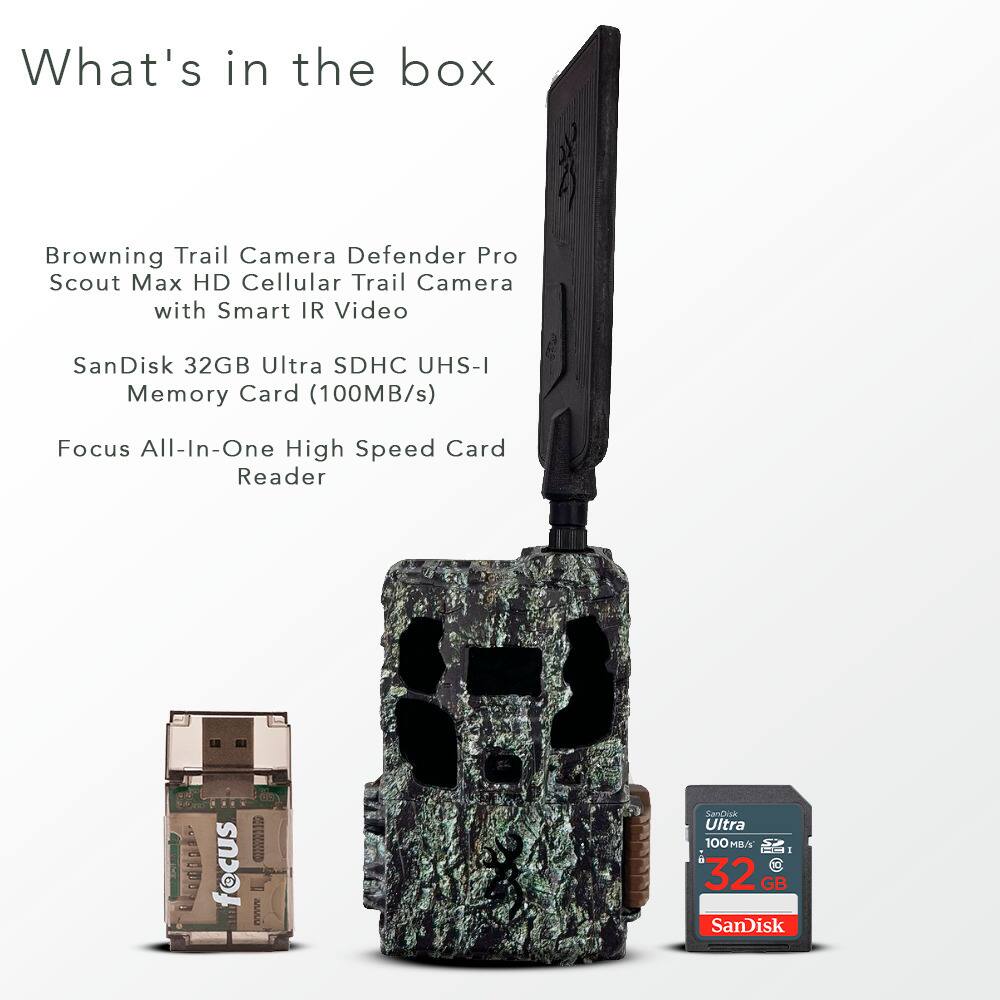 What's in the box:

- Browning Trail Camera Defender Pro Scout Max HD Cellular Trail Camera with Smart IR Video
- SanDisk 32GB Ultra SDHC UHS-I Memory Card (100MB/s)
- Focus All-In-One High Speed Card Reader