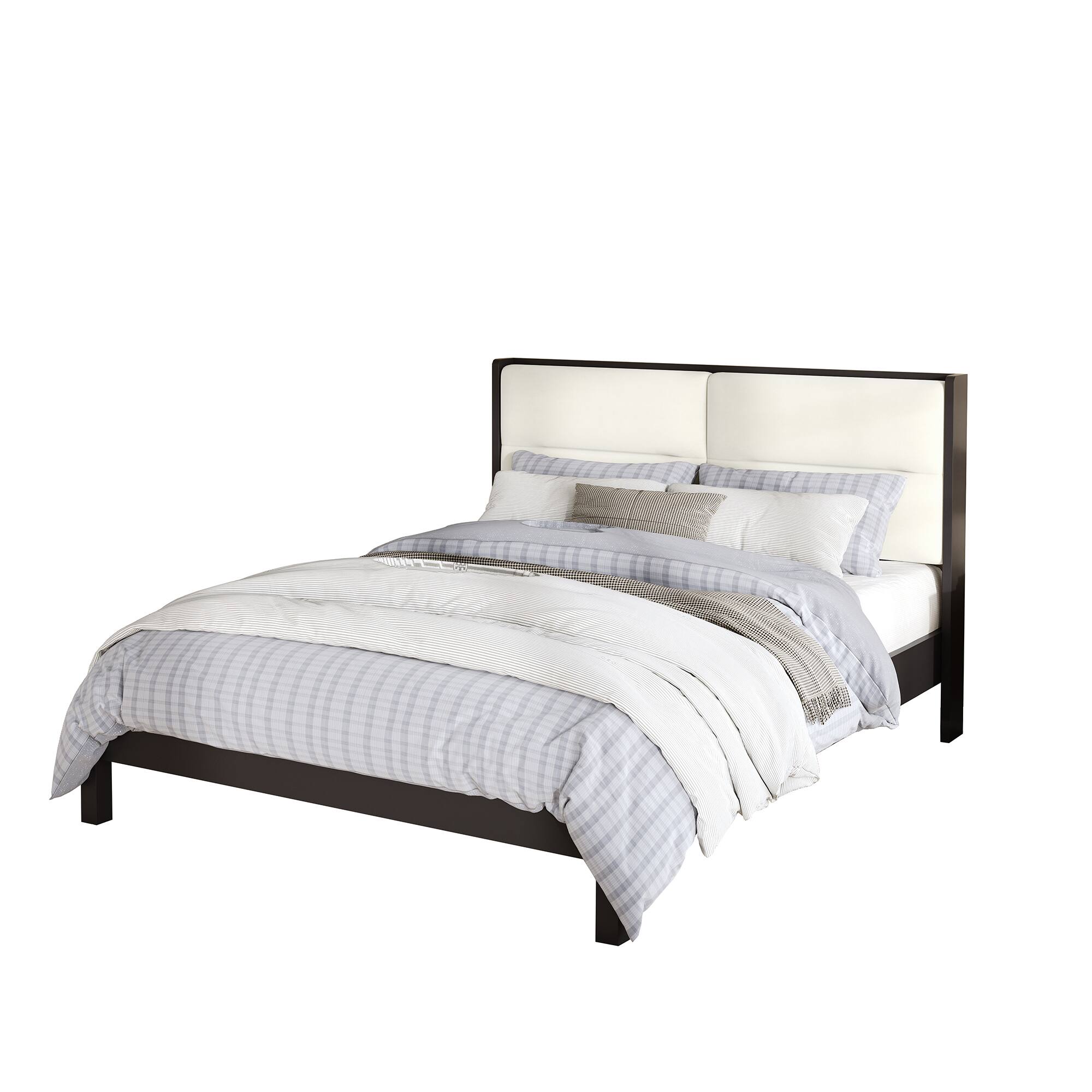 Left. Whisen - Queen Size Platform Bed Frame with Velvet Upholstered Headboard, No Box Spring Needed - Black.