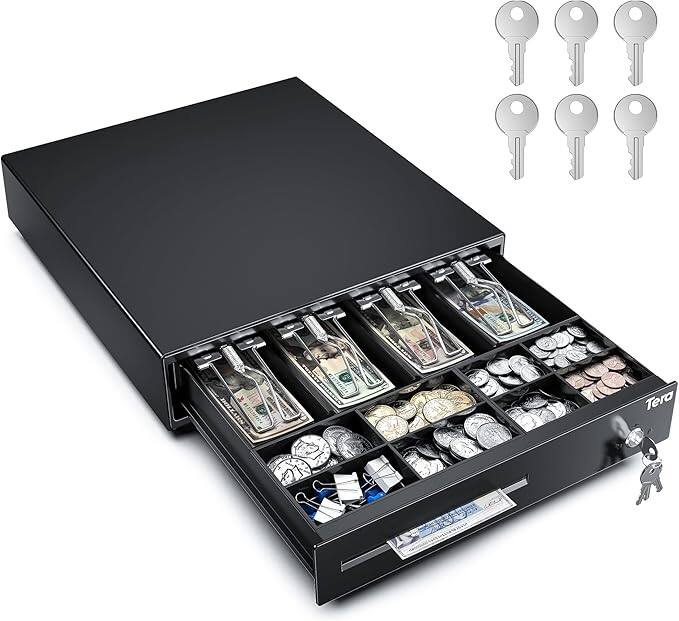 Front. Tera - 330E 13 inch Cash Register Drawer 4 Bill 8 Coin for POS System Removable Cash Tray for Retail Small Business.