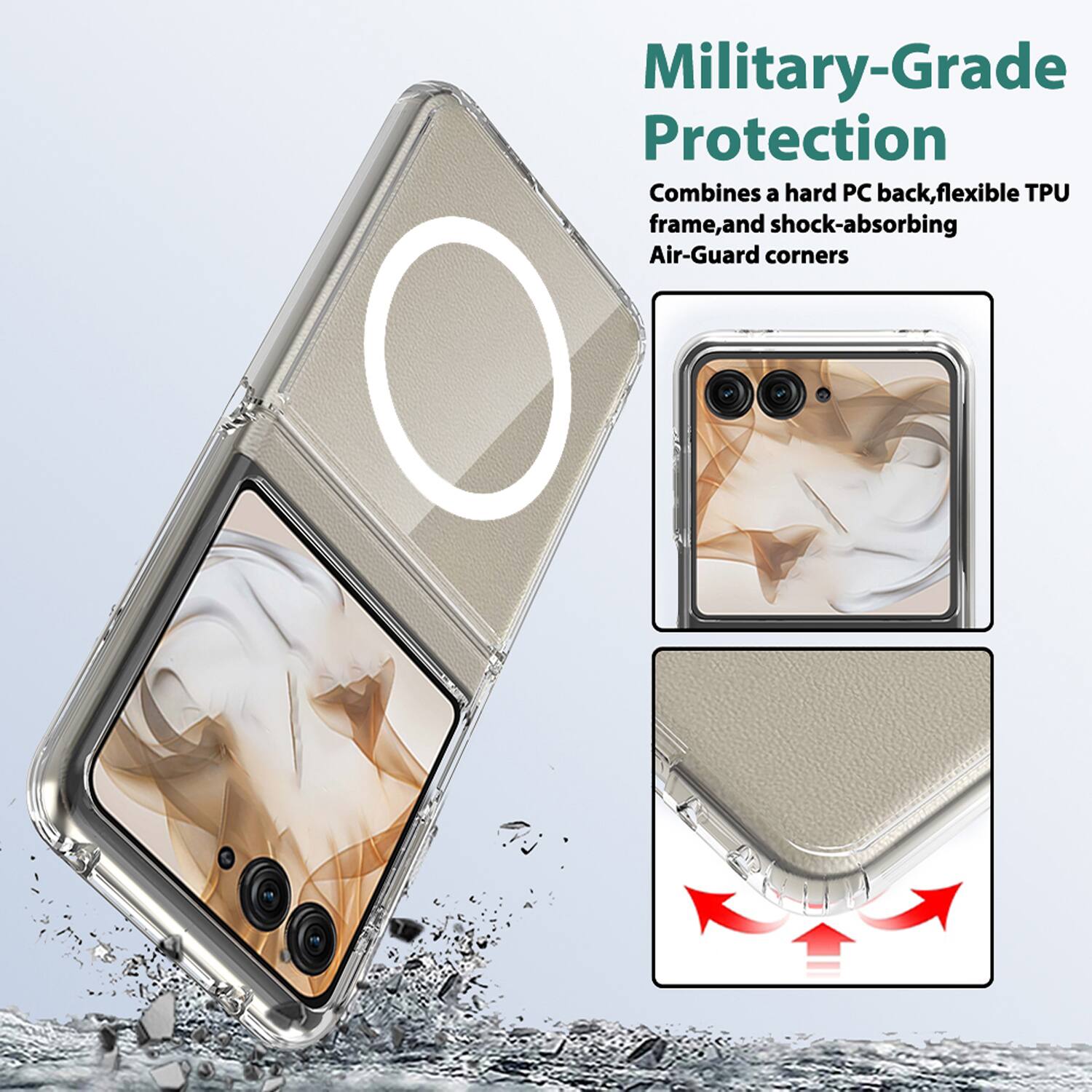Military-Grade Protection  
Combines a hard PC back, flexible TPU frame, and shock-absorbing Air-Guard corners