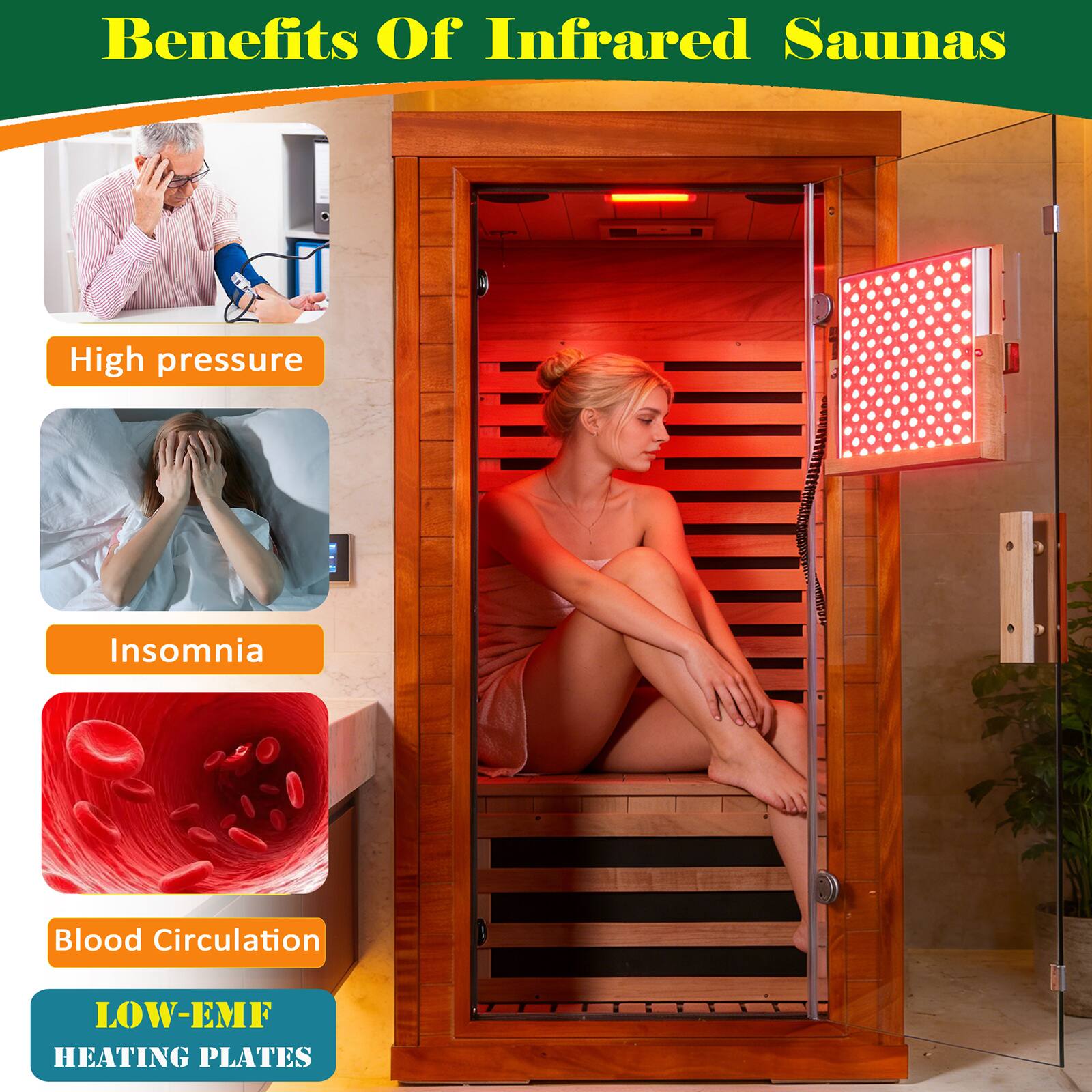 Benefits Of Infrared Saunas

- High pressure
- Insomnia
- Blood Circulation
- LOW-EMF HEATING PLATES