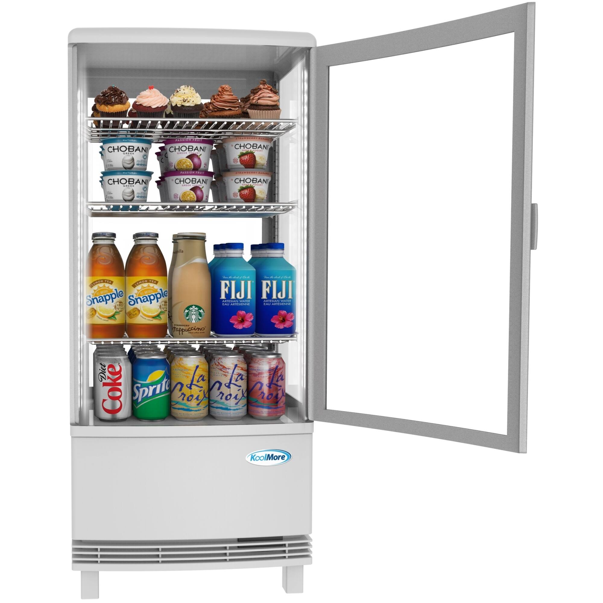 The image features a refrigerator with its door open, revealing a variety of drinks and snacks. There are several bottles of beverages, including Snapple, Coke, Sprite, and Fiji water. Additionally, there are multiple cups and cakes stored in the refrigerator. The refrigerator is filled with a diverse assortment of items, making it a convenient and well-stocked appliance for refreshments and snacks.