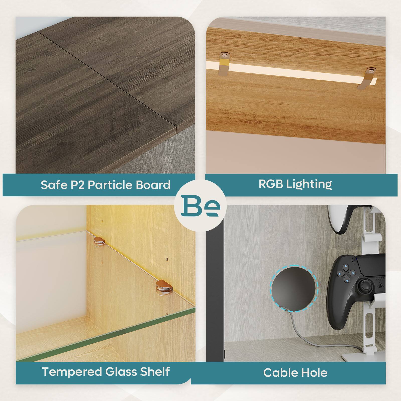 The text on the image is grouped and corrected as follows:
1. Safe P2 Particle Board
2. Be RGB Lighting
3. Tempered Glass Shelf
4. Cable Hole
