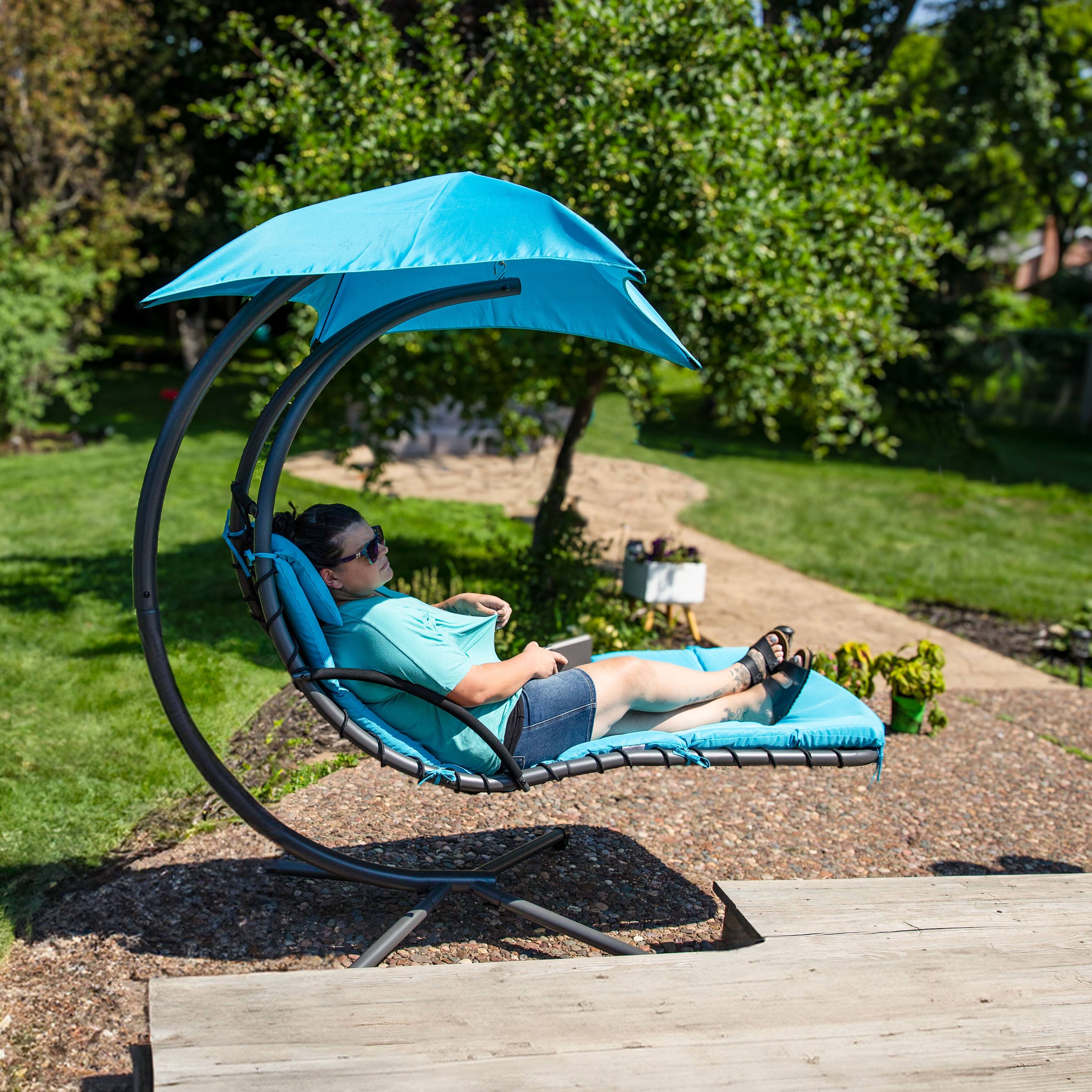 Alt View 8. Sunnydaze - Floating Lounge Chair with Umbrella and Curved Steel Stand - Teal.