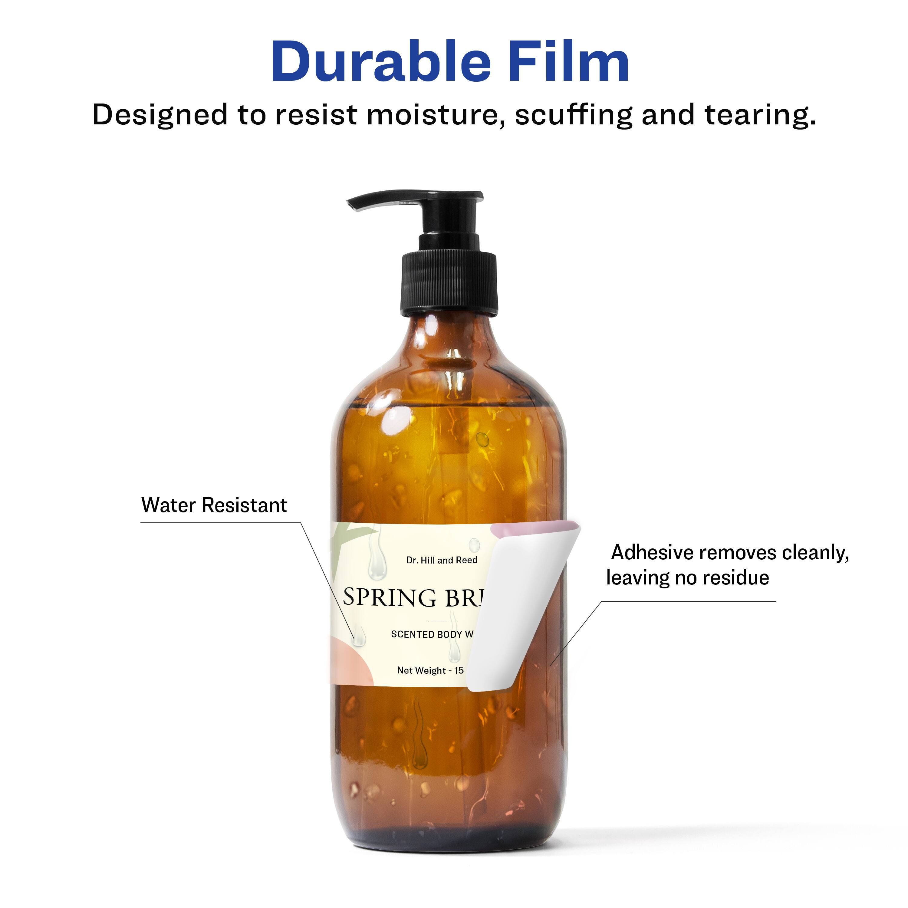 Durable Film  
Designed to resist moisture, scuffing and tearing.  

Water Resistant  

Adhesive removes cleanly, leaving no residue  

Dr. Hill and Reed SPRING BR  
SCENTED BODY W  
Net Weight - 5
