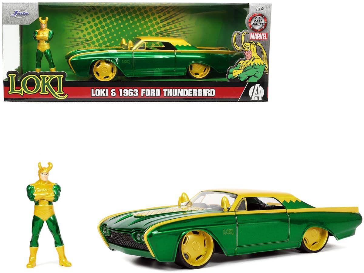Jada - 1963 Ford Thunderbird with Hood Graphics and Loki Diecast Figure "Loki" "Marvel" Series 1/24 - Green and yellow metallic