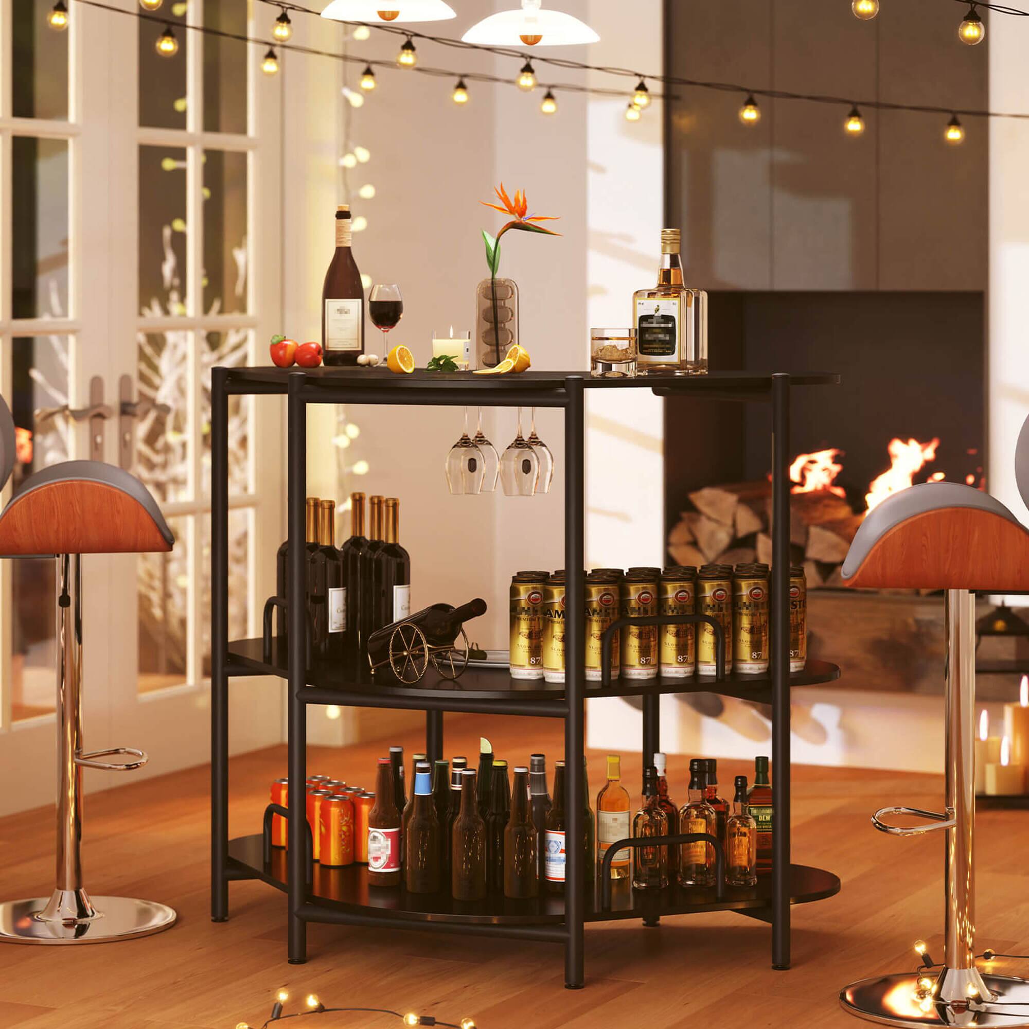 Alt View 4. Costway - Costway 3-Tier Home Bar Unit with Stemware Racks & Storage Shelves with Metal Frame Black - Black.