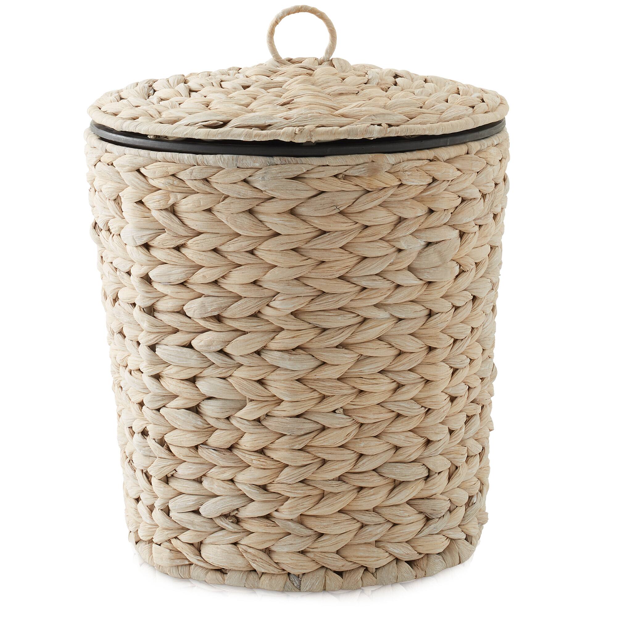 Alt View 1. Casafield - Water Hyacinth Waste Basket with Lid - Woven Trash Can - Whitewash.