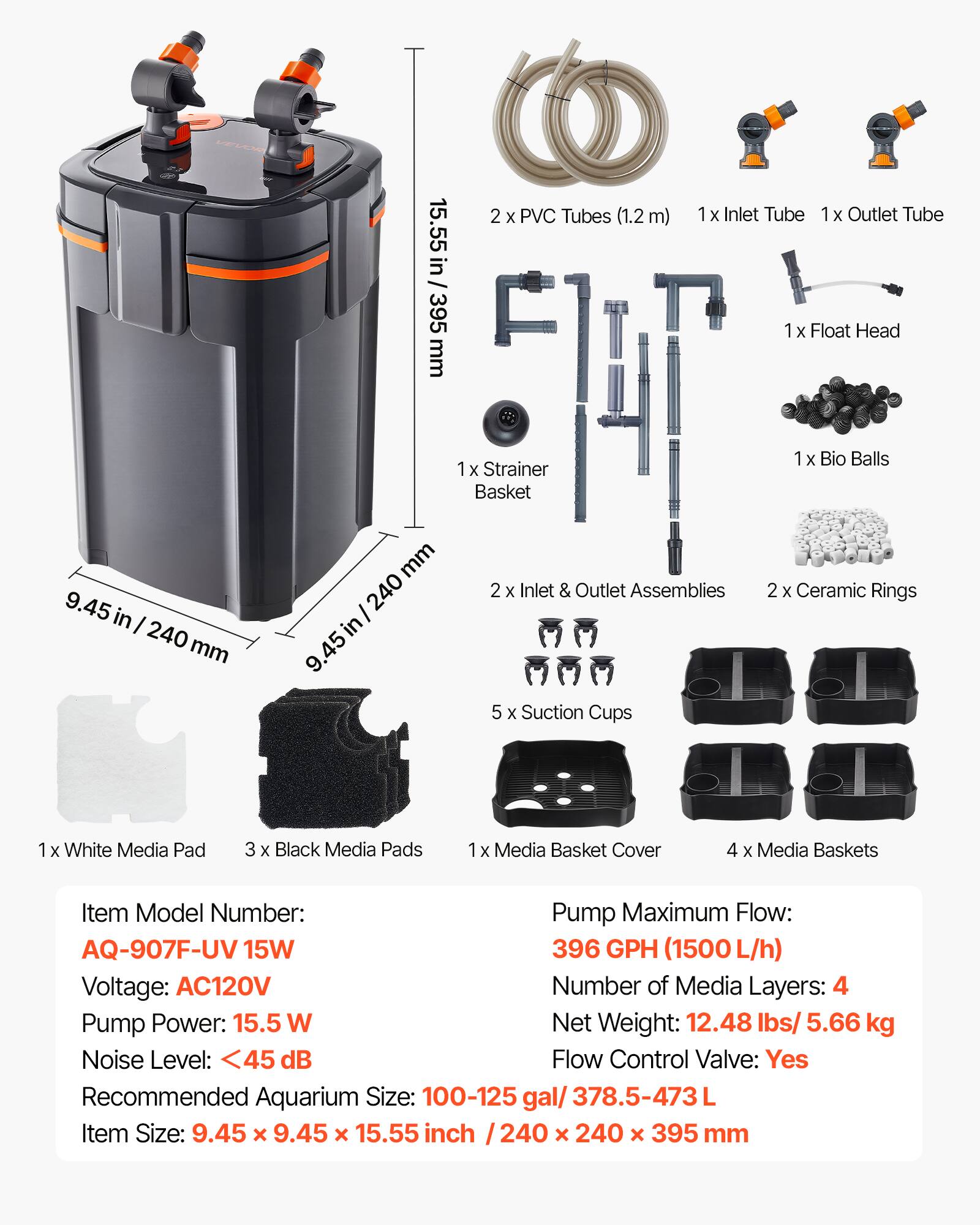 VEVOR 396GPH Canister Filter, 4 Stage External Aquarium Filter
