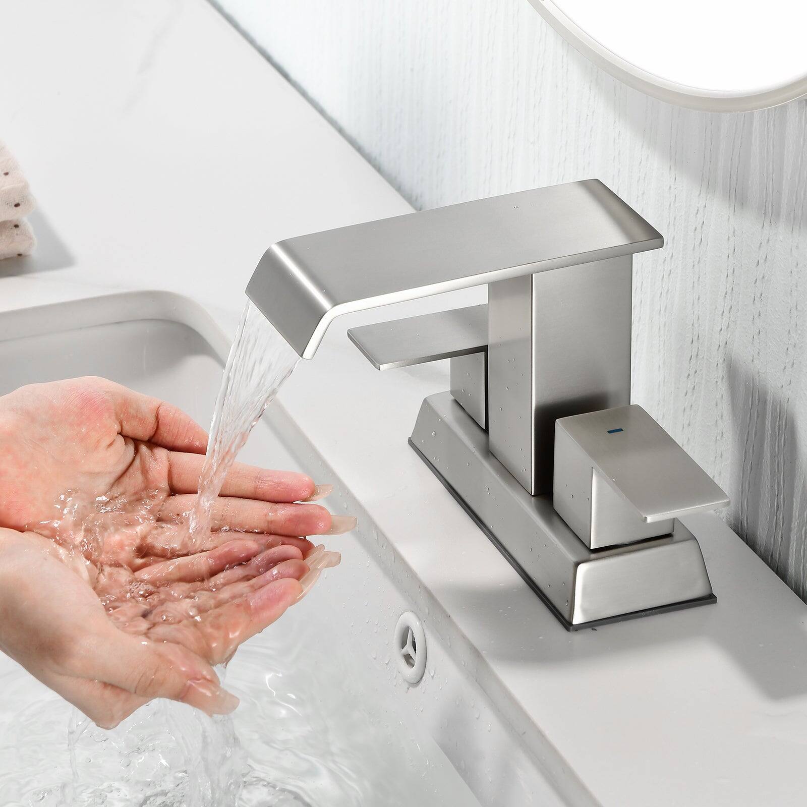 Alt View 4. Boyel Living - Brushed 4 Inch Centerset Faucet SUS304 Waterfall Spout 1.2GPM Dual Handle Pop Up Drain - Brushed Nickel.