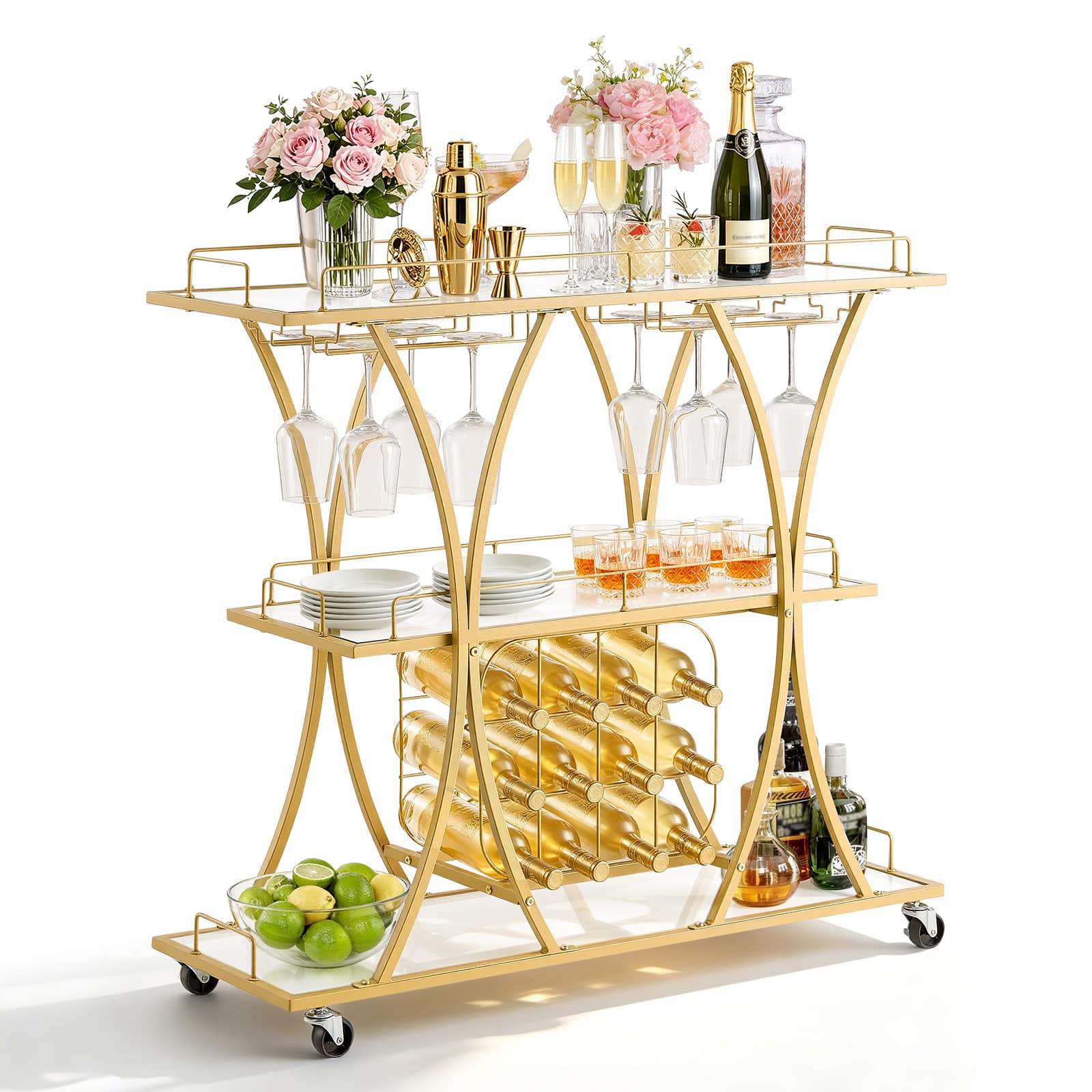 VEVOR - Bar Cart, 3 Tiers Home Kitchen Serving Carts, Modern Rolling Utility Station on Wheels, Drink Beverage Trolley - Gold
