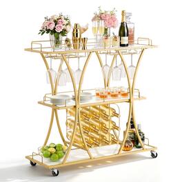 VEVOR - Bar Cart, 3 Tiers Home Kitchen Serving Carts, Modern Rolling Utility Station on Wheels, Drink Beverage Trolley - Gold