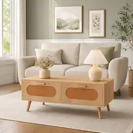 WELLFOR - 39.5" Rattan Coffee Table with 2 Storage Drawers, Mid Century Modern Center Table Cocktail Tea Table for Living Room - Natural