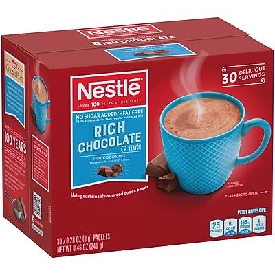 Nestlé  
RICH CHOCOLATE  
HOT COCOA MIX  

NO ADDED FAT - FAT FREE  
NO SUGAR ADDED  

30 SERVINGS  
DELICIOUS  

Using sustainably-sourced cocoa beans  

NET WT 8.45 OZ (240 g)  
30 / 0.28 OZ (8 g) PACKETS  

PER ENVELOPE  
135 CALORIES  
25% RICH CHOCOLATE FLAVOR  
0g TOTAL FAT  

100 YEARS OF HERITAGE  

TEAR HERE TO OPEN